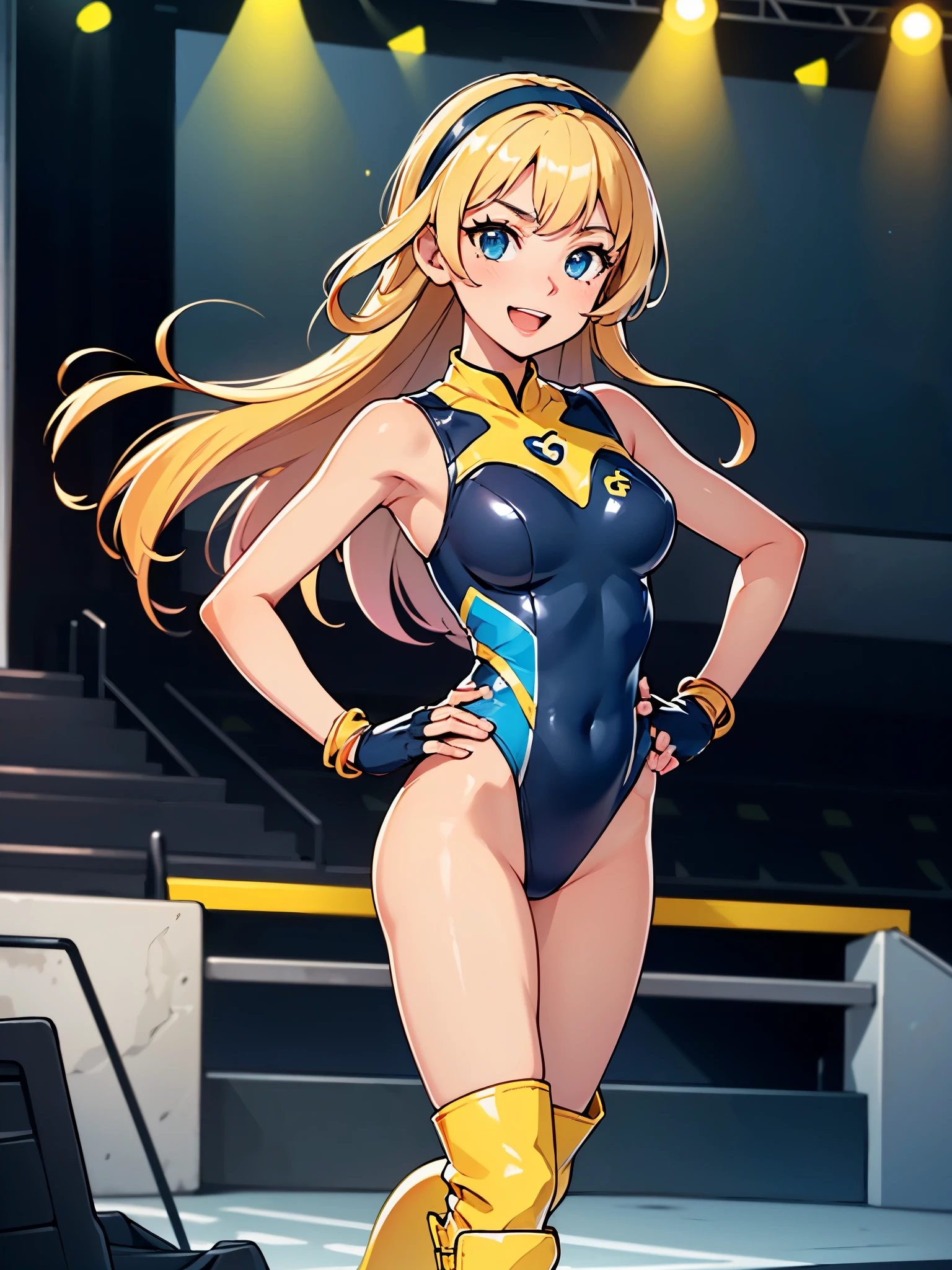 masterpiece, best quality, 1girl, ((bangs, blonde hair, armpit length hair)), ((black headband)), blue eyes, beautiful detailed eyes, beautiful detailed face, cute face, perfect hands, complete fingers, perfect anatomy, perfect proportions, ((leotard, gymnastics leotard, dark blue leotard)), ((boots, yellow boots, yellow footwear, high heels)), breasts, medium breasts, covered navel, ((blue fingerless gloves, yellow bracelets)), (full body portrait), hand on hip, hands on hips, ((pink heart logo on chest)), (stage lights), looking at viewer, smile, :d, solo, solo focus, standing, body infused with yellow aura, cowboy shot