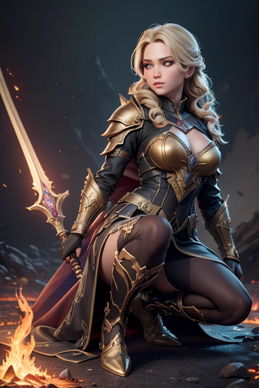 a realistic digital painting of (Jennifer Lawrence:1.0), Amidst a battlefield drowned in flames, a female human Hellknight (photorealistic:1.35) stands resolute, her eyes glowing with an infernal light. Her face, adorned with (harsh, dramatic makeup:1.2), exudes an aura of authority. Encased in her intimidating spiked armor, she commands the power of hellfire in her hands. The blazing battlefield, the chaos of combat, and the Hellknight's intimidating presence capture the relentless discipline of her order , Fishtail braid with gold thread: A long fishtail braid interwoven with gold thread, giving a regal and sophisticated touch to the overall look. wearing (As Laura S. Arseid, the stoic and honorable daughter of Viscount Arseid, set against her ancestral home in Legram, wielding her iconic greatsword, in her Thors Military Academy uniform.:1.2) , (She kneels on one knee, resting her weight on her heel, with her other leg stretched out in front. Her hands rest lightly on her knee, and her head is turned to the side, gazing into the distance.:1.1) ,(octane render,Sharp Focus,vivid colors,ambient occlusion,Photorealistic Painting,realistic,trending on ArtStation,emotional,professional majestic oil painting,elegant,intricate,masterpiece,incredibly detailed,high-resolution,hyper detailed illustration,subsurface scattering,hdr,fantasy art,captivating scene,extremely detailed,intricately designed,gorgeous lighting:1.2), 