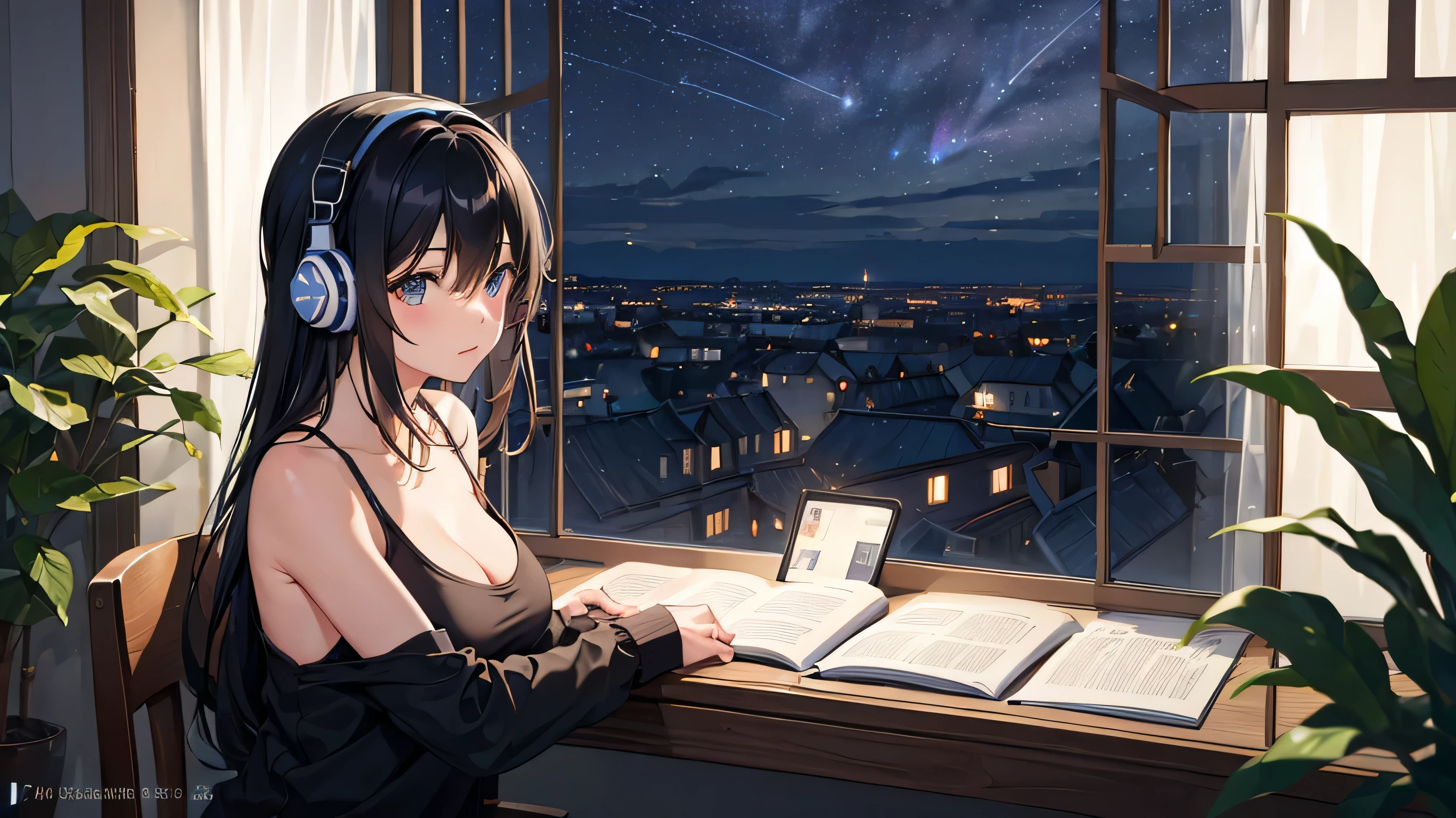 (((At the window on a beautiful starry night))),put on headphones,get on your elbows,(Black Haired Girl),Tank top,big breasts,(studying)

