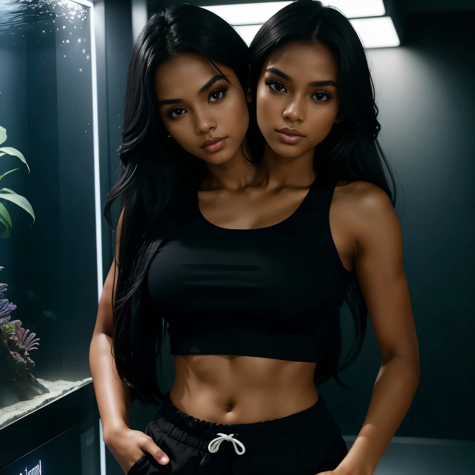 1girl, looking at the camera, 25 years old, model, long messy hair, dark-skinned, two headed philipino woman, black crop top, crew neck, black shorts, upper body, aquarium, nighttime, cinematic lighting, bloom lighting, dynamic pose, arms crossed, conjoined_dicephalus, (two heads:1.3),