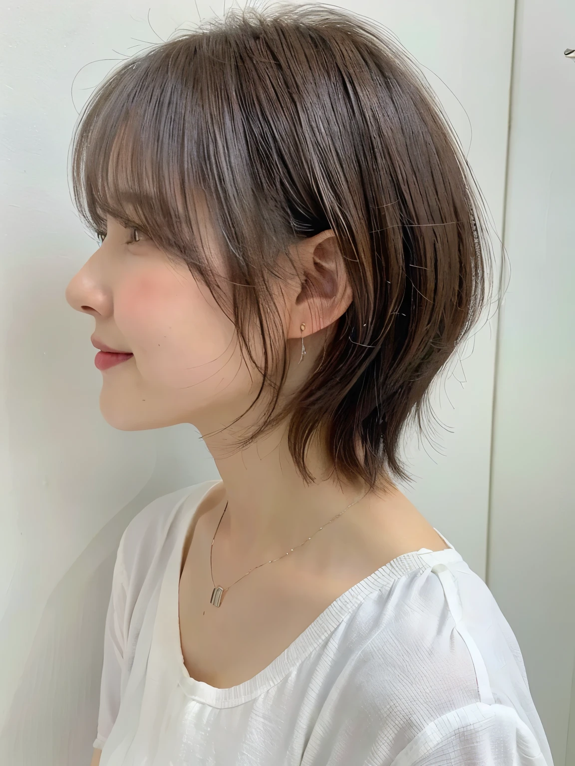 table top、white wall、Taken in front of the white door、(窓のあるwhite wallの部屋)、(8K、Raw photo、highest quality、masterpiece:1.2)、High-definition RAW color photo、professional photos、(realistic、フォトrealistic:1.37)、Photographed in natural light、1 girl、laughter、various poses、spring clothes、 Simple Necklace、(Beautiful profile:1.3)、look at camera、profile、shortcut、((Gray hair color))、short hair、Photographed in natural light、earrings、pastel colored blouse、normal human face、Normal eyes、dark brown eyes、short hair