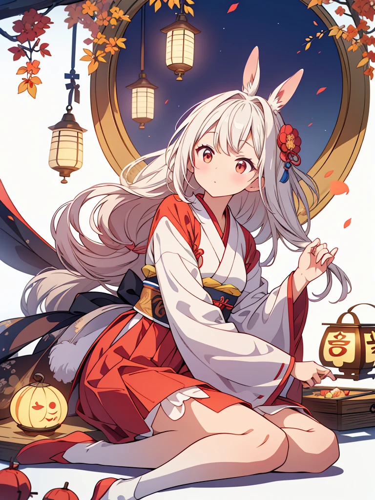 (rabbit:1.4)、sitting on the ground、look up、((mid-autumn festival atmosphere;1.2、Kinmokusei、Kongming lantern、men scoon cake))、(Chinese character:1.3)、Traditional Japanese illustration style、digital art、simple background、A masterpiece on a white background、最high quality、Super detailed、high quality、4K