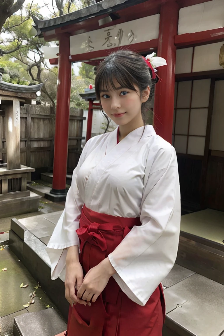 16 year old Japanese shrine maiden, shrine precincts, (scarlet hakama),white kimono, gigantic breasts