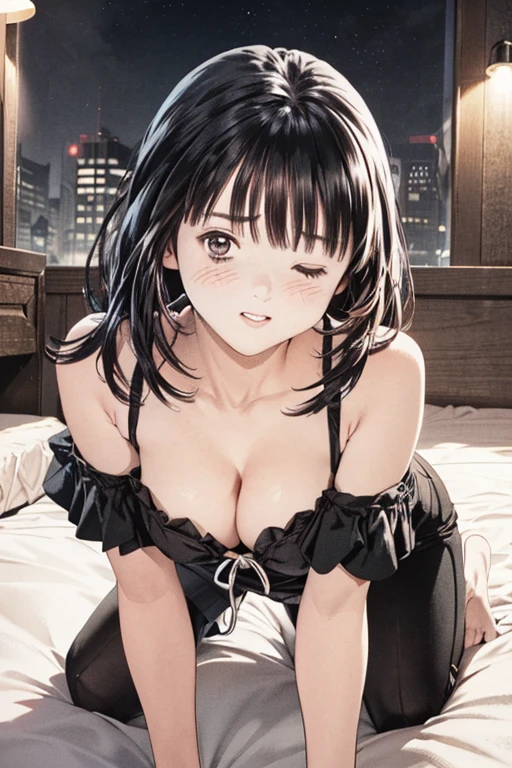 (8K、top-quality、​masterpiece:1.2)、(realisitic、ultra-detailliert、超A high resolution、1 girl and 1boy are kissing,eyes closed、see the beholder、beautifull detailed face,(all fours on bed),at night ,layered hair,long black hair,full-face blush、Constriction、(Slim waist) :1.3)、cleavage、Beautiful detailed skin、Skin Texture、Floating hair、Professional Lighting、in my bedroom,(Whole human body:1.0),long shot,atelier,off shoulder,winking,wearing random colar