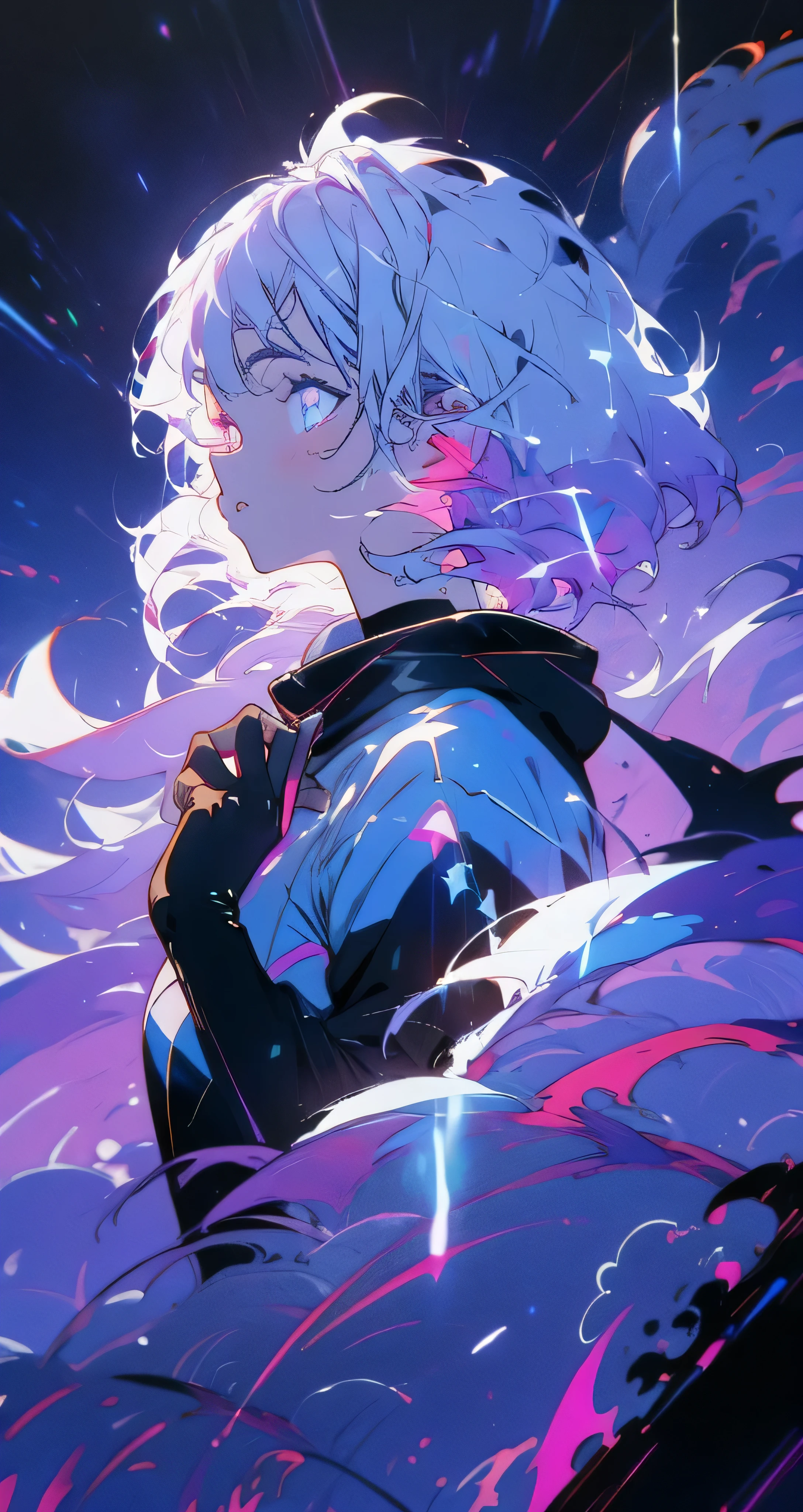 (black and white portrait:1.2),(ultra-detailed,realistic),(man),(white hair),(purple glowing eyes),(midnight sky),(clouds),(stars),(cyberpunk hoodie)