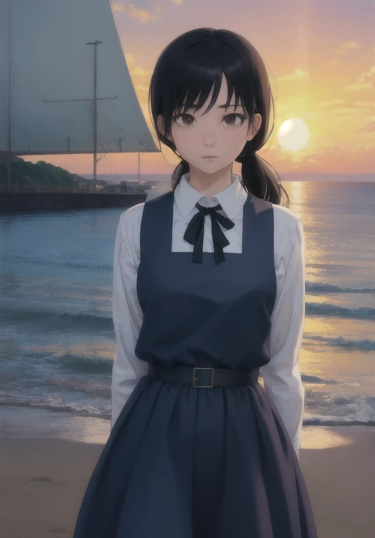 ray tracing, absurdres, offical art, illustration, (((masterpiece))),(((best quality))),((ultra-detailed)), hayao miyazaki style, 1girl, aged_up, solo, looking at viewer, arms behind back, asa_mitaka, black hair, black ribbon, pinafore dress, anime, black pinafore dress, brown eyes, upper-body, sea, sunset