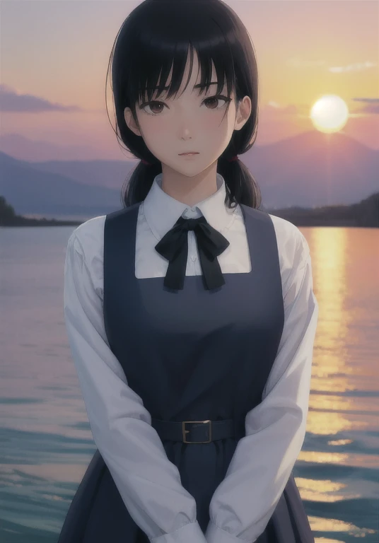 ray tracing, absurdres, offical art, illustration, (((masterpiece))),(((best quality))),((ultra-detailed)), hayao miyazaki style, 1girl, aged_up, solo, looking at viewer, arms behind back, asa_mitaka, black hair, black ribbon, pinafore dress, anime, black pinafore dress, brown eyes, upper-body, sea, sunset