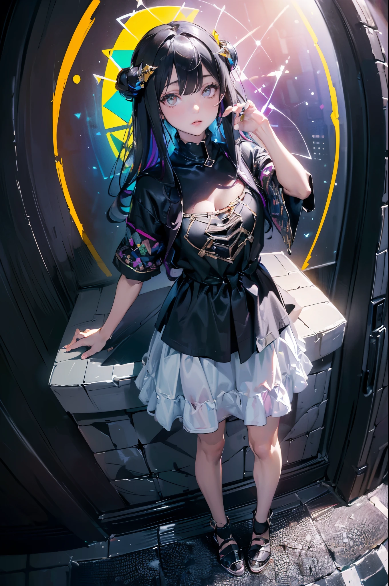 (((Extremely detailed CG unit 8k wallpaper:1.2, ​Masterpiece, high resolution:1.2, top quality:1.2, on the table))), ((a very beautiful woman, hands in pockets:1.8, Grunge fashion:1.2, wearing a tunic:1.2, Dressed in, wear shoes)), ((The facial details are particularly rich, Highly detailed dark eyes, Extra detailed body, High quality real texture skin)), (A black-haired one, hair length, white skinned, small), ((Colorful geometric pattern wall, colorful wall)), (high angle:1.2, Fisheye:1.3), Surreal, Digital painting,