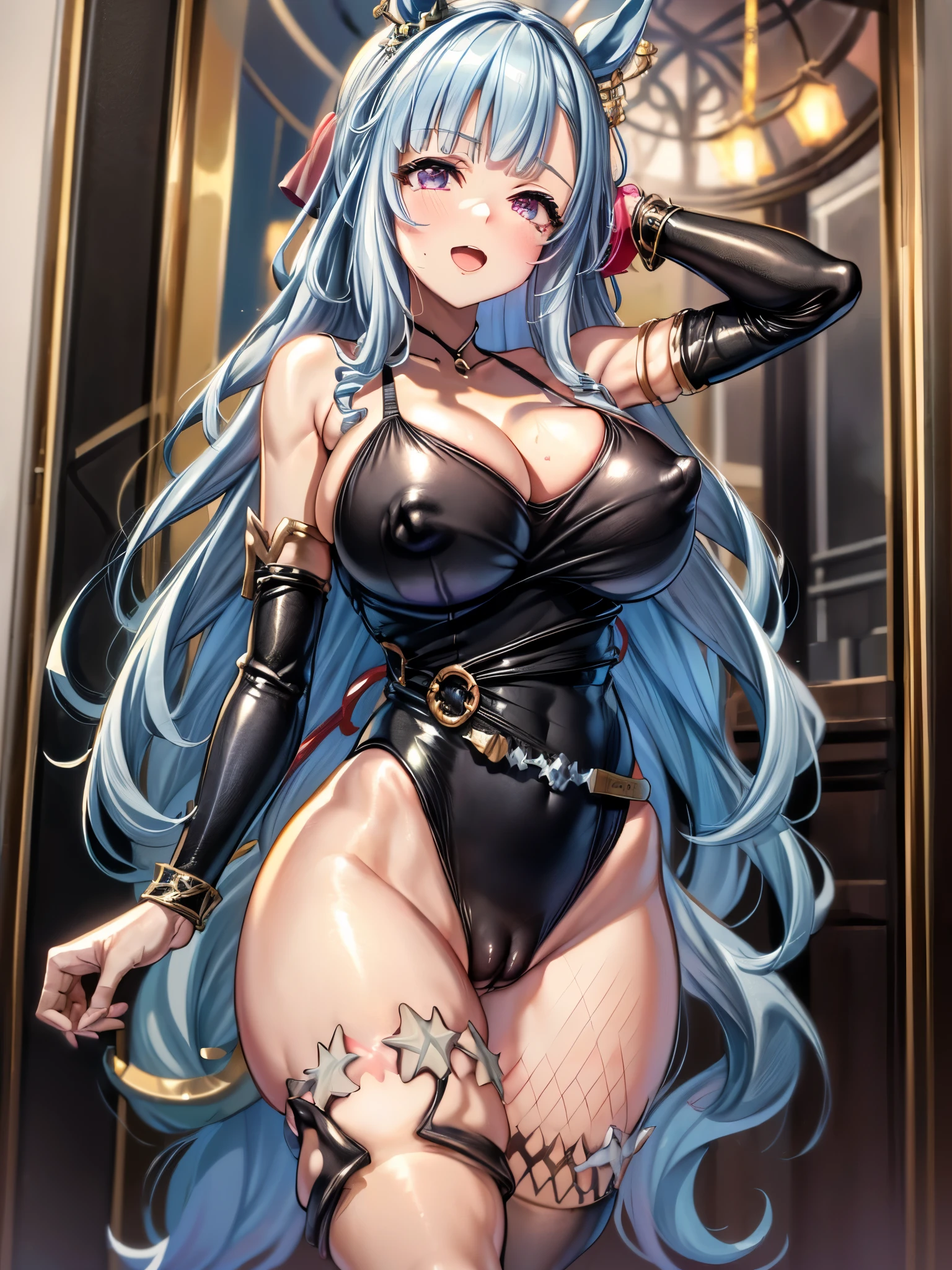 (8k, best quality, masterpiece:1.2), ultra-detailed, (high brightness:1.3), (high contrast:1.1), (high saturation:1.1), (anime screencap:1.20), 1girl, ((solo:1.10)), ((mejiro ardan \(umamusume\))), ((animal ears, horse ears, horse girl, horse tail)), ((long hair:1.10)), ((light blue hair:1.5)), ((((hair ornament:1.5)), (ear ornament:1.3), cute, ((Detailed details eyes:1.5)), cute, (red blush:1.5), ((cute smile, open mouth, happy), (((((saggy large breasts:1.30))))), ((puffy nipples:1.5)), (((large areola:1.10))), (((cleavage:1.10))), (((cameltoe1.20))), (((full body:1.10))), (((slender body:1.20))), (((((highleg swimsuit:1.20))))), (((((black one-piece highleg swimsuit:1.30))))),