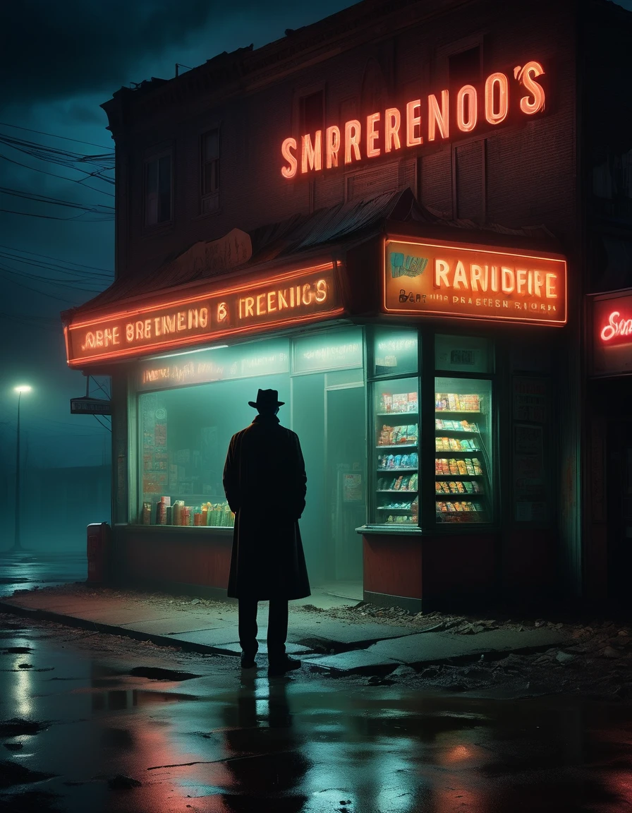 (a midnight convenience store),(A drunkard in front of a convenience store), (pitch-black sky), (desolate landscape), (loneliness), (desolation), (horror), (eerie), (mysterious), (dark), (best quality,4k,8k,highres,masterpiece:1.2), (ultra-detailed), (realistic,photorealistic,photo-realistic:1.37), HDR, UHD, (studio lighting), (vivid colors), (concept artists), (sinister shadows), (flickering fluorescent lights), (abandoned atmosphere), (creepy silence), (haunting presence), (smoky air), (mysterious silhouette), (uneasy feeling), (isolated building), (empty shelves), (tattered curtains), (moonlight casting eerie glow), (ominous fog), (glowing neon sign), (forgotten objects), (old-fashioned cash register), (broken windows), (strange noises echoing), (hidden secrets), (muted tones), (surreal ambiance), (distant footsteps), (air of mystery), (uncanny stillness).