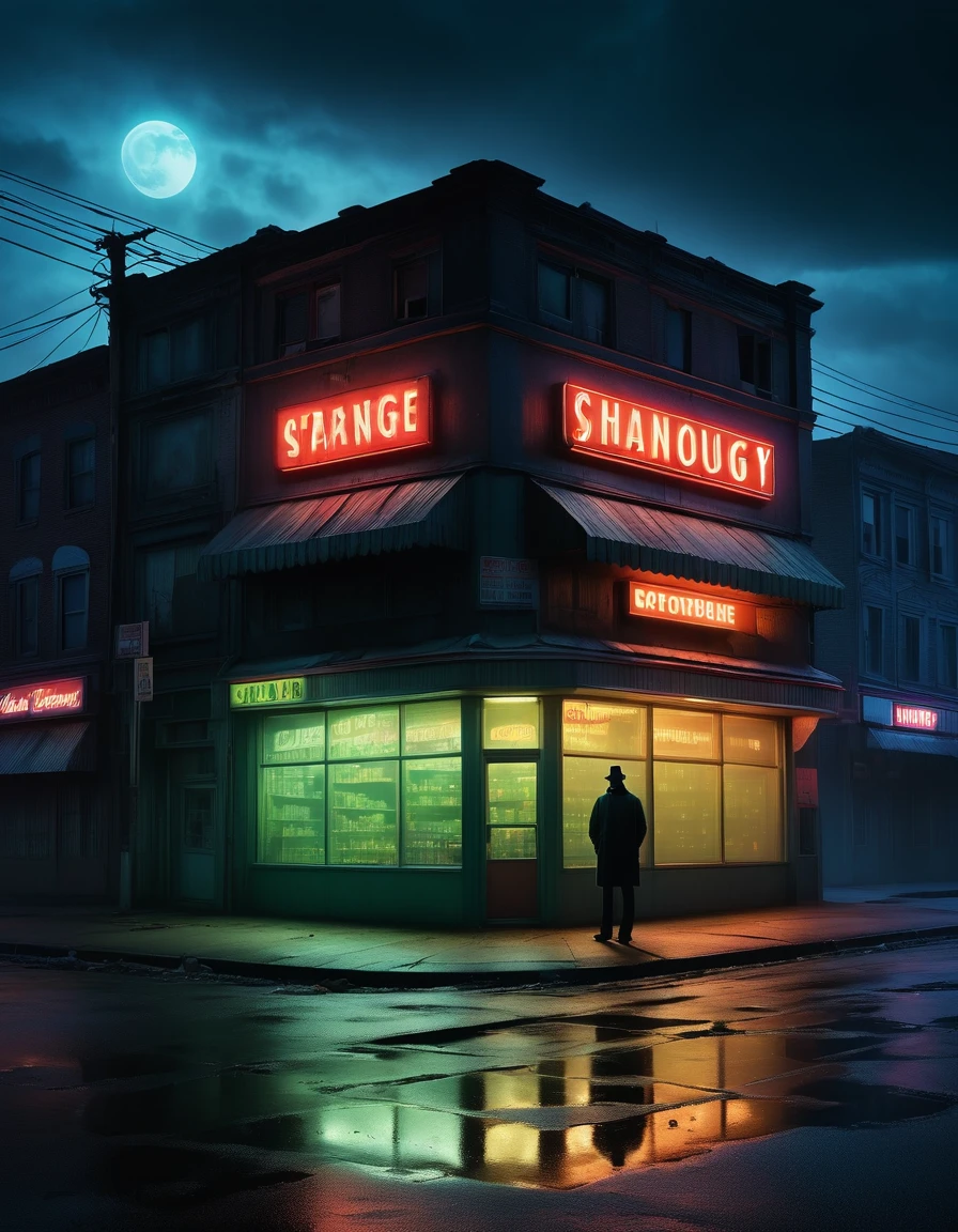 (a midnight convenience store),(A drunkard in front of a convenience store), (pitch-black sky), (desolate landscape), (loneliness), (desolation), (horror), (eerie), (mysterious), (dark), (best quality,4k,8k,highres,masterpiece:1.2), (ultra-detailed), (realistic,photorealistic,photo-realistic:1.37), HDR, UHD, (studio lighting), (vivid colors), (concept artists), (sinister shadows), (flickering fluorescent lights), (abandoned atmosphere), (creepy silence), (haunting presence), (smoky air), (mysterious silhouette), (uneasy feeling), (isolated building), (empty shelves), (tattered curtains), (moonlight casting eerie glow), (ominous fog), (glowing neon sign), (forgotten objects), (old-fashioned cash register), (broken windows), (strange noises echoing), (hidden secrets), (muted tones), (surreal ambiance), (distant footsteps), (air of mystery), (uncanny stillness).