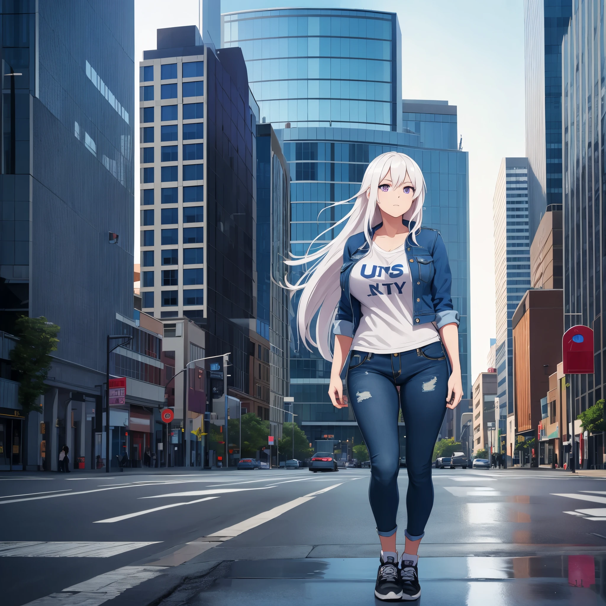 a woman wearing a United States style denim jacket, denim shorts, long white hair, purple eyes, big breasts, walking on a sidewalk a big city with several large buildings, with glass windows reflecting the places,,HDR, masterpiece, well defined, ultra resolution, high quality, 8k HD. (just a woman, solo)
