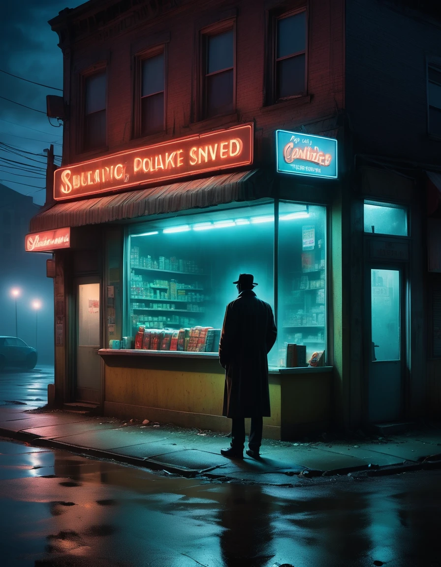 (a midnight convenience store),(A drunkard in front of a convenience store), (pitch-black sky), (desolate landscape), (loneliness), (desolation), (horror), (eerie), (mysterious), (dark), (best quality,4k,8k,highres,masterpiece:1.2), (ultra-detailed), (realistic,photorealistic,photo-realistic:1.37), HDR, UHD, (studio lighting), (vivid colors), (concept artists), (sinister shadows), (flickering fluorescent lights), (abandoned atmosphere), (creepy silence), (haunting presence), (smoky air), (mysterious silhouette), (uneasy feeling), (isolated building), (empty shelves), (tattered curtains), (moonlight casting eerie glow), (ominous fog), (glowing neon sign), (forgotten objects), (old-fashioned cash register), (broken windows), (strange noises echoing), (hidden secrets), (muted tones), (surreal ambiance), (distant footsteps), (air of mystery), (uncanny stillness).