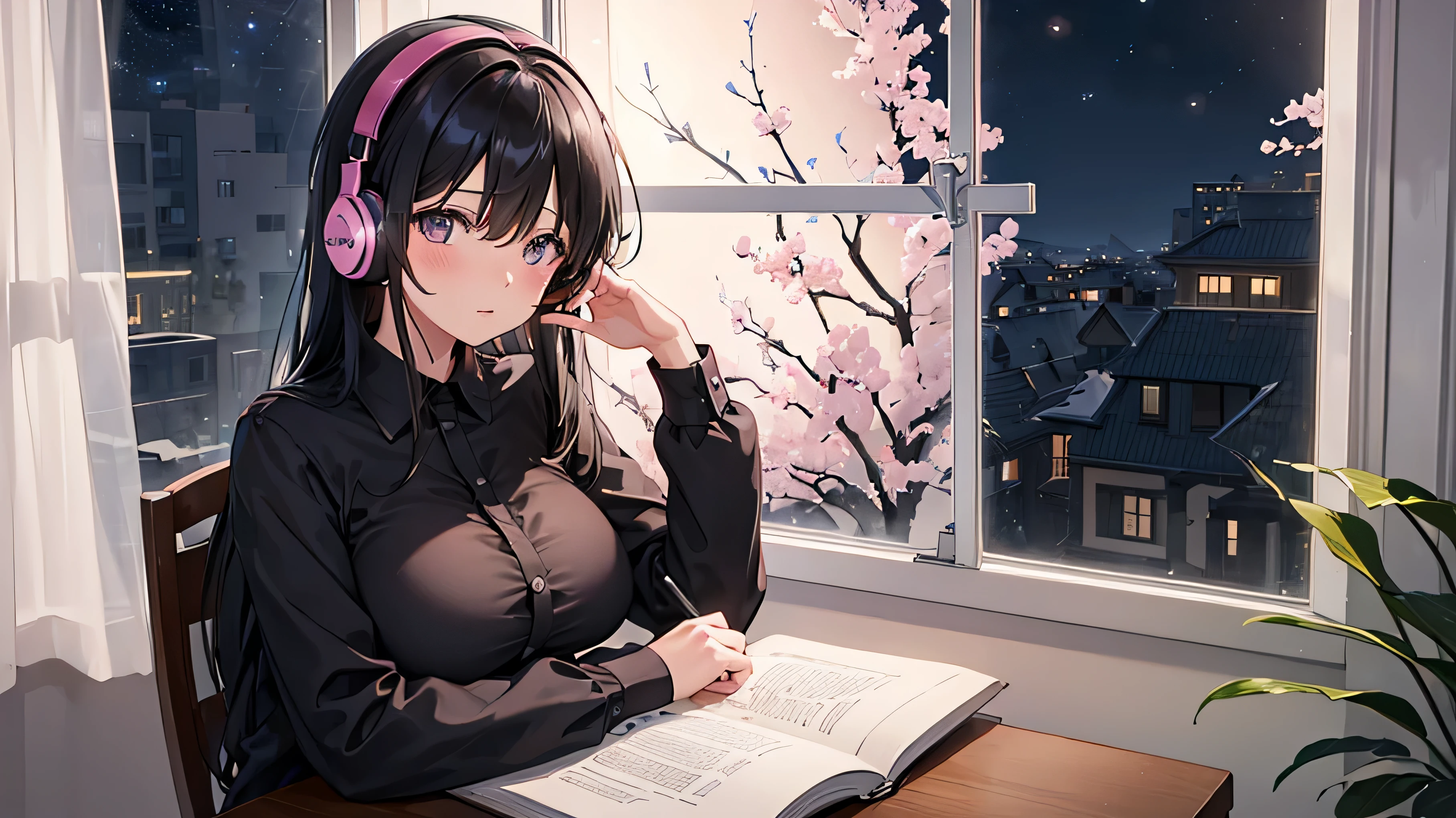 (((At the window on a beautiful starry night))),put on headphones,get on your elbows,(Black Haired Girl),(pink blouse),big breasts,(studying)