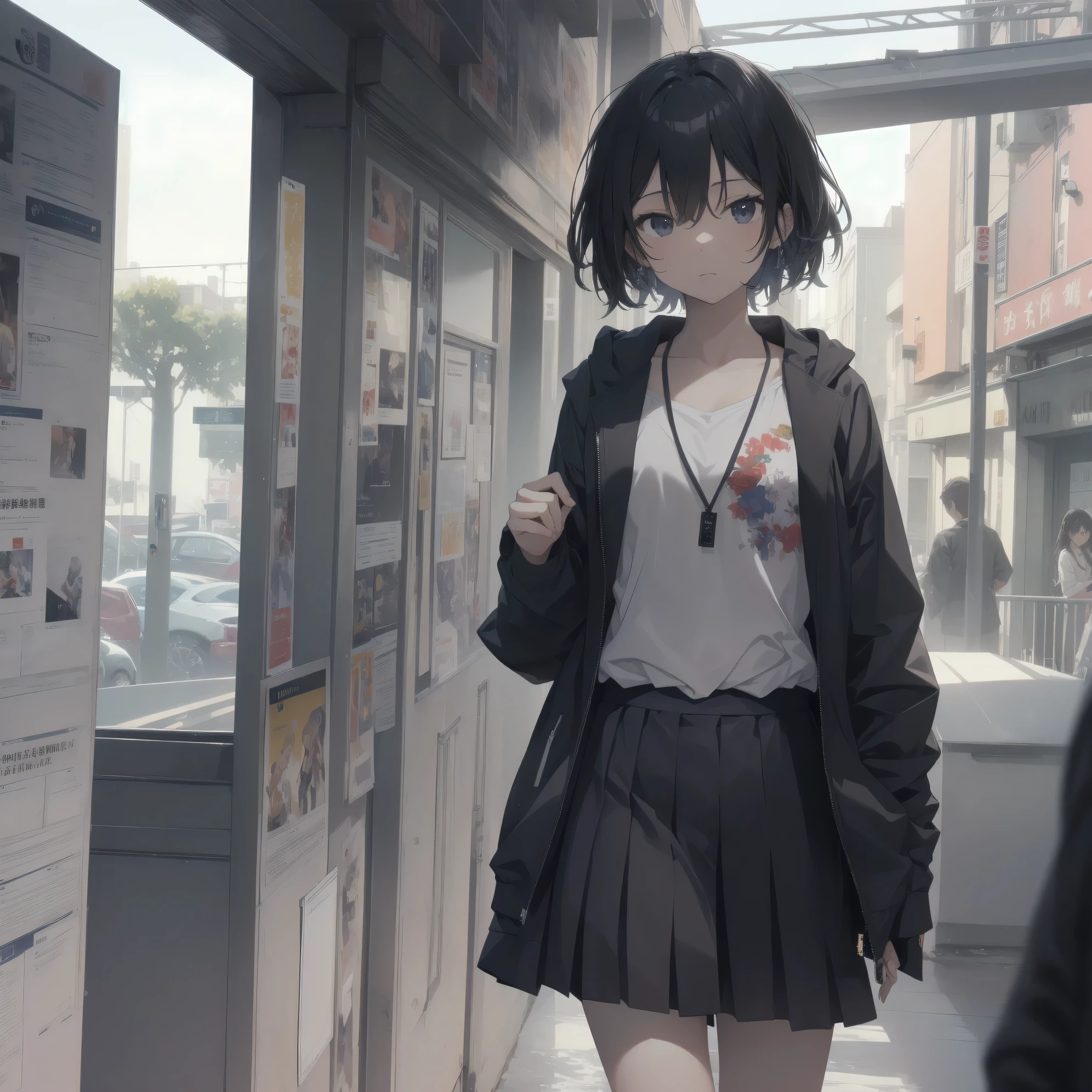 ultra-absurdres-Top quality by artist God, ultra-detailed, high resolution, anime moe artstyle, best anime 8k konachan wallpaper, pixiv contest winner,pool:2810, perfect anatomy,break, 1girl, (Please draw a girl walking sleepily to school alone. )break,(Solo,little female, 13-year-old:1.3),Full limbs, complete fingers,a junior high school student, (very short hair), short cut, flat chest, , small butt, small black eyes, beautiful detailed eyes, well-proportioned iris and pupils, expressive eyes, highres detailed hair, soft expression, school_uniform, official_alternate_costume, pleated skirt,(Detailed Lighting), (Detailed background), in the School commute route. break,super detailed skin, Best cinematic lighting powered by famous artist, 8k,beauty illustration,photoshop_(medium),very aesthetic,break,((artist:yaegashi_nan )), artist:akinashi yuu ,artist:oyari ashito ,artist:kantoku ,