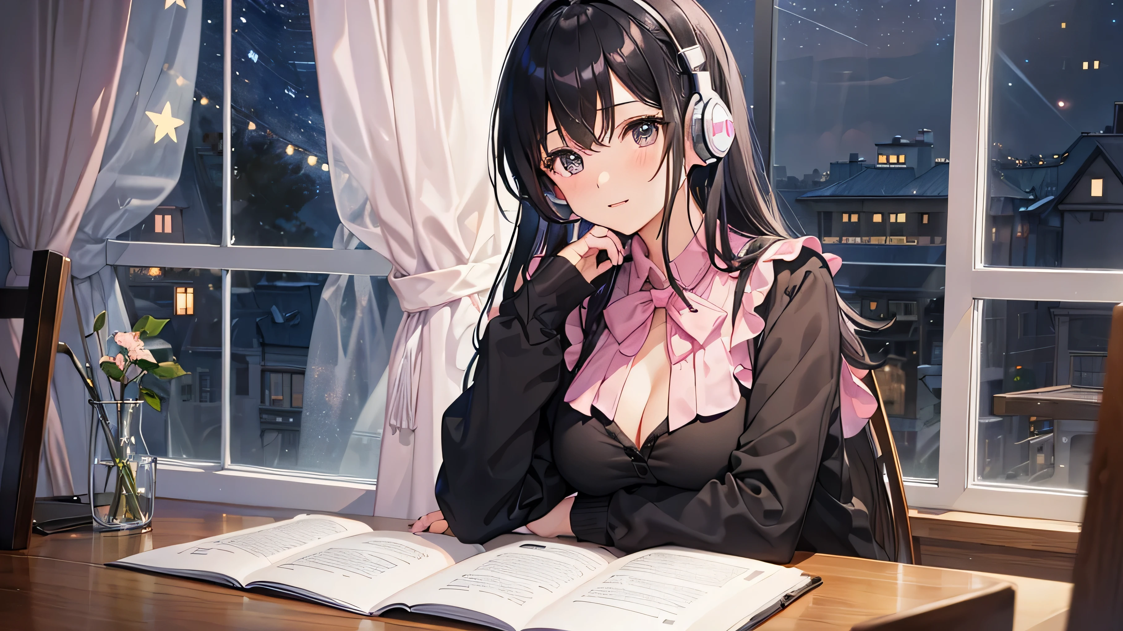 (((At the window on a beautiful starry night))),put on headphones,get on your elbows,(Black Haired Girl),(pink blouse),big breasts,(studying)
