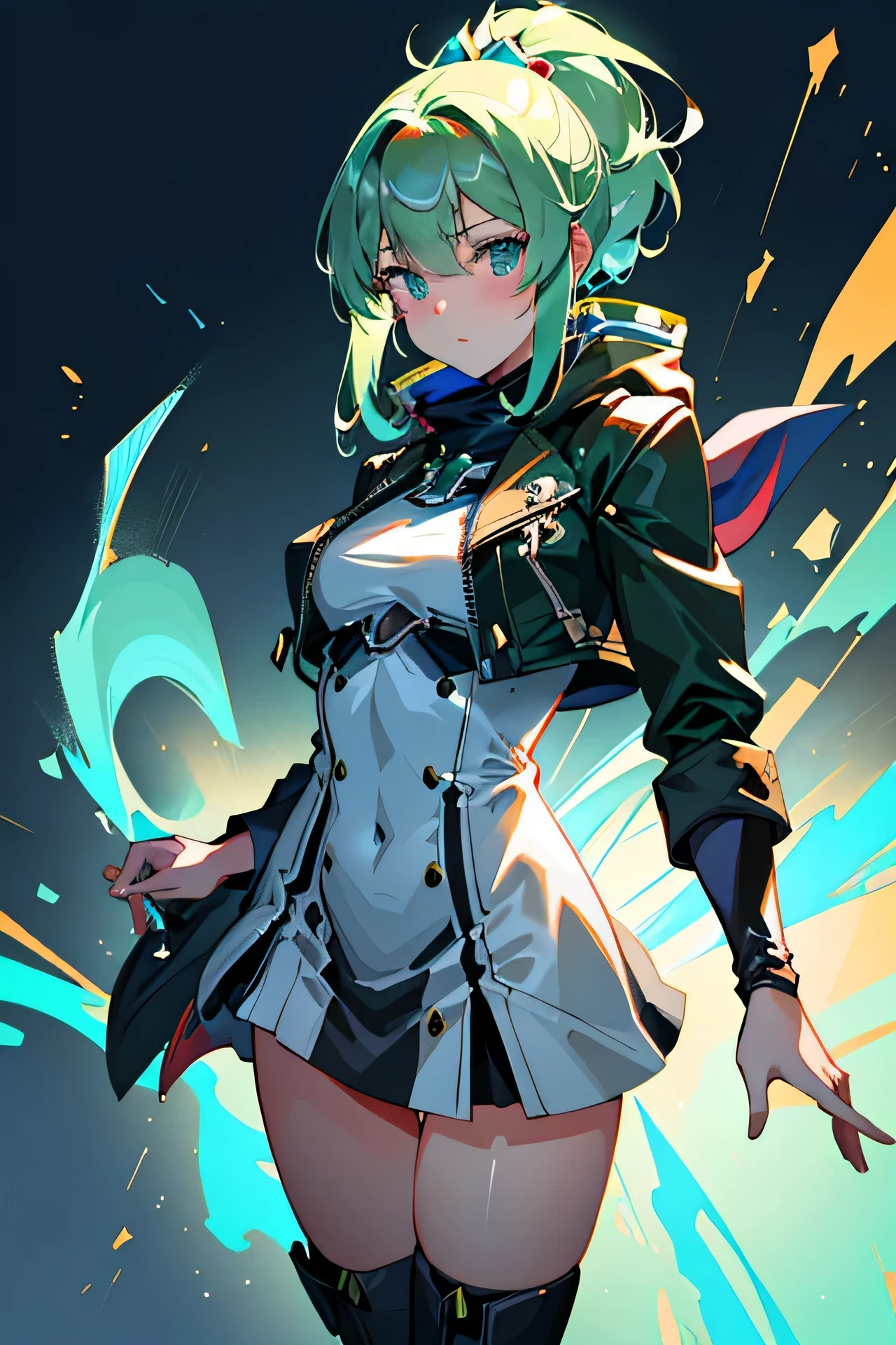 Anime, Girl, (((1Girl))), (((Waifu, Xenoblade-Chroniken 2, Pneuma Waifu))), (((Sea foam green hair, lange Haare))), ((Seafoam green eyes:1.3, nach oben gerichtete Augen: 1, perfekte Augen, beautiful detailed eyes, Augen mit Farbverlauf: 1, Finely detailed beautiful eyes: 1, Symmetrische Augen: 1, big highlight on the eyes: 1.2)), (((shiny skin: 1.5, Helle Haut: 1.5, Haut hell, shiny skin, Very shiny skin, Shiny body, Kunststoff-Glitzerhaut, Exaggerated shiny skin, Beleuchtete Haut))), (Detailed body, (detailliertes Gesicht)), jung, Idol-Pose, (Best quality), Techwear, (((Military uniform))), (((militärmütze))), (((Military coat))), (((Overknee-Stiefel))), high resolution, Scharfer Fokus, ultradetailliert, extremely detailed, Extrem hochwertige Kunstwerke, (realistisch, Fotorealistisch: 1.37), 8k_Hintergrund, (extremely detailed CG 8k), (sehr feine 8K CG), ((Hyper Super ultradetailliert Perfect Piece)), (((MakellosesMeisterwerk))), Illustration, leuchtende Farben, (kompliziert), Hoher Kontrast, Selektive Beleuchtung, Double jeopardy, HDR (Hoher Dynamikbereich), Nachbearbeitung, Background blur