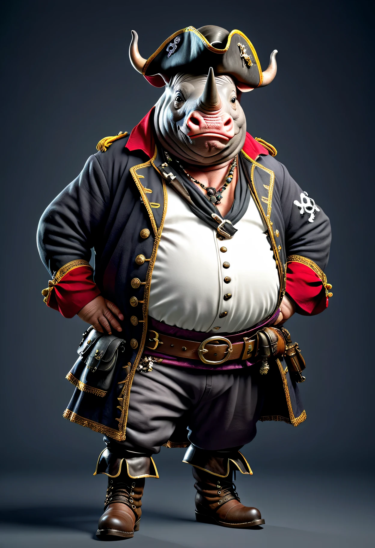 photorealistic portrait of Dressed animals - a ((fat)) rhino pirate,(hands on hips:1.2),(), high quality,(lovely) ,intricate details, highly detailed (( pirate costume)), wearing pirate hat and boots , highly detailed pirate equipment , (happy), studio lighting,(flurry),(simple background)