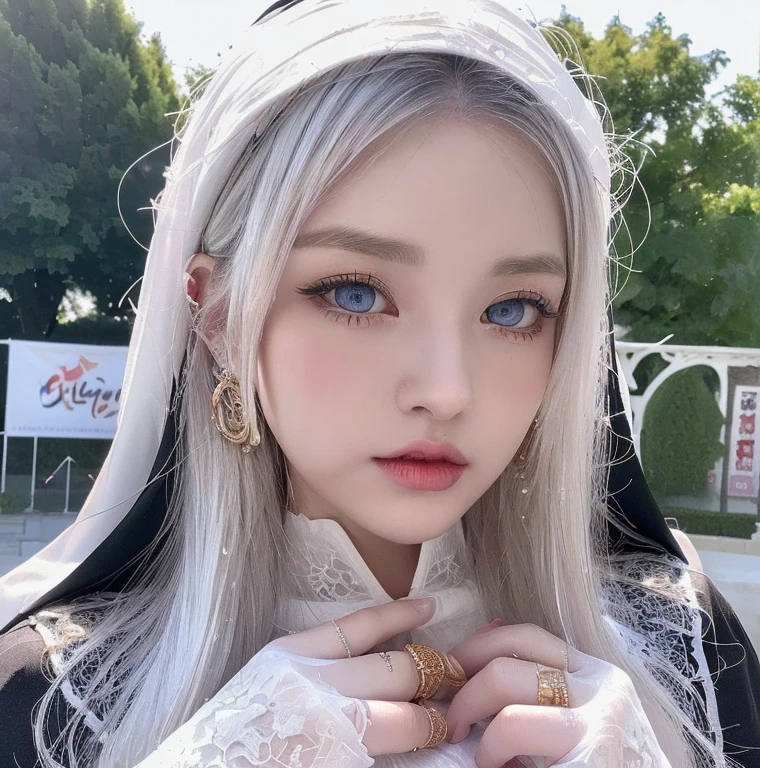 1 miniature Beautiful beautiful woman - Yuan Sayuki, ((top quality, 8K, Masterpiece:1.retty woman, 1 woman, huge breasts:1.3, a slim body:1.1, lush white short hair, (shower, wet body, wet clothes:1.1), very detailed face, detailed lips, detailed eyes, double eyelids, Detailed blue eyes, чрезвычайно Detailed Outstanding Blue Eyes, short white wet hair, white wet hair, Detailed Outstanding Blue Eyes, innocent look at the viewer, very wet wavy white hair, Detailed Outstanding Blue Eyes, huge cross earrings, Outdoors, badges behind, gothic wedding uniform, sexy gothic style wedding dress with veil, bare chest, huge chest tattoo wearing a wreath, detailed huge catholic cross earrings, chest tattoo, Outside - there are trees and a buddhist temple in the background, wear a silver cross (Detailed cross shape), reality mode, wet breasts, black necklace, black wedding dress and black veil, human crowd behind, head/forehead chain veil, black latex gloves, naked breasts, naked breasts, naked nipples, hair of white snowy colour, night time, red neon lights, demonic nun, nimbus (golden lighting ring above her head), angel