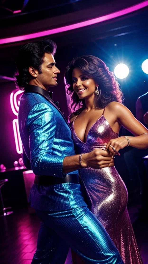 Man and woman dancing to 80's disco music in a nightclub, con ropa elegante y una esfera de espejos.
