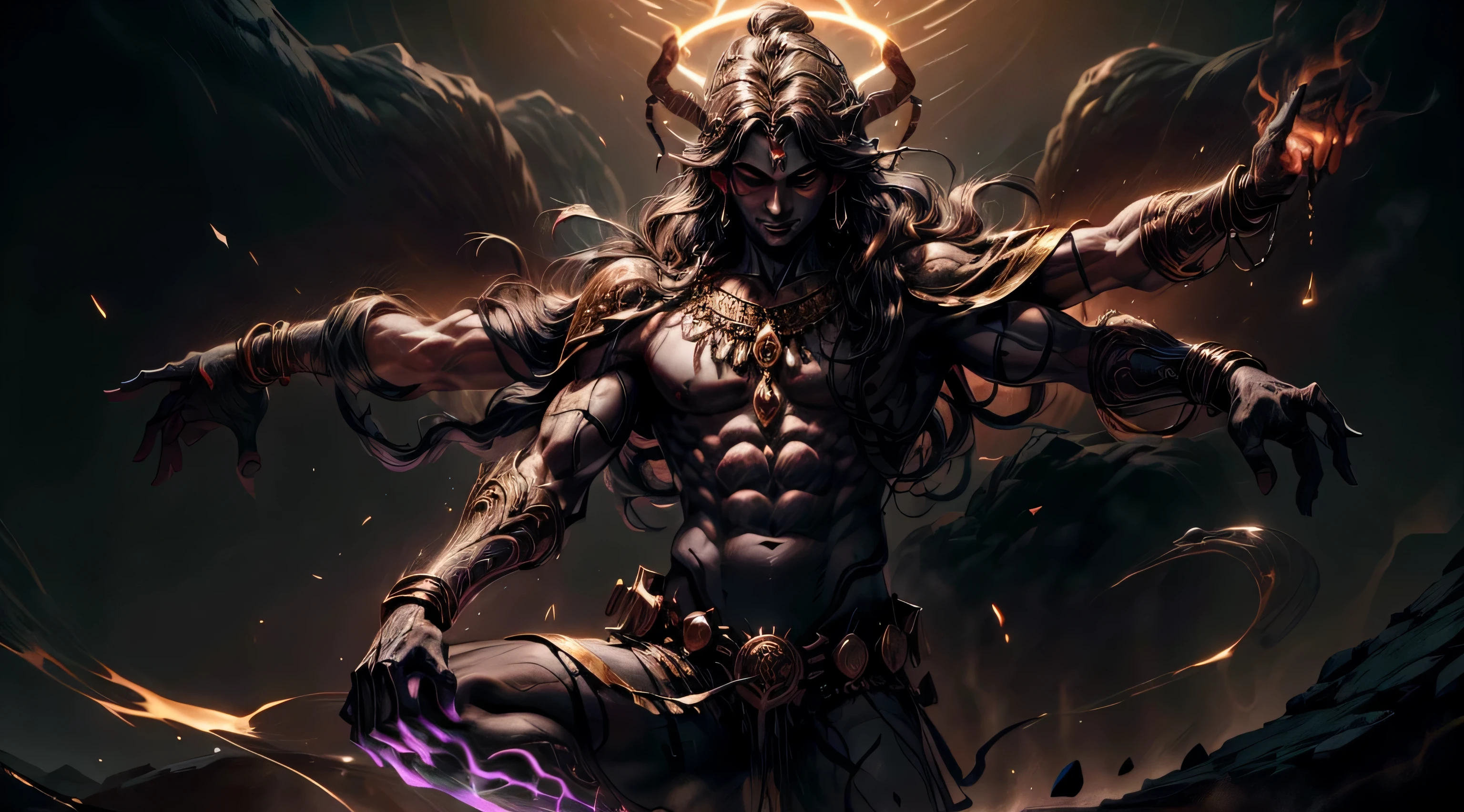 Lord Shiva, the cosmic dancer, se captura en medio del movimiento, en medio de su poderosa danza Tandava. His body is anointed with sacred ash., y sus rastas oscuras vuelan en todas direcciones, representando el dinamismo de su danza. Its multiple arms hold various symbolic objects., mientras una mano se levanta elegantemente para bendecir. Una serpiente se enrosca alrededor de su cuello., and his body is revealed against a backdrop of a flaming halo.