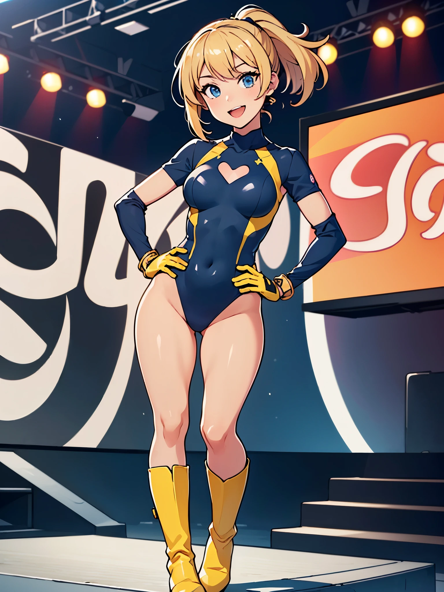 masterpiece, best quality, 1girl, ((bangs, blonde hair, armpit length hair)), ((black headband)), blue eyes, beautiful detailed eyes, beautiful detailed face, cute face, perfect hands, complete fingers, perfect anatomy, perfect proportions, ((leotard, gymnastics leotard, dark blue leotard)), ((boots, yellow boots, yellow footwear, high heels)), breasts, medium breasts, covered navel, ((blue fingerless gloves, yellow bracelets)), (full body portrait), hand on hip, hands on hips, ((pink heart logo on chest)), (stage lights), looking at viewer, smile, :d, solo, solo focus, standing, body infused with yellow aura, cowboy shot