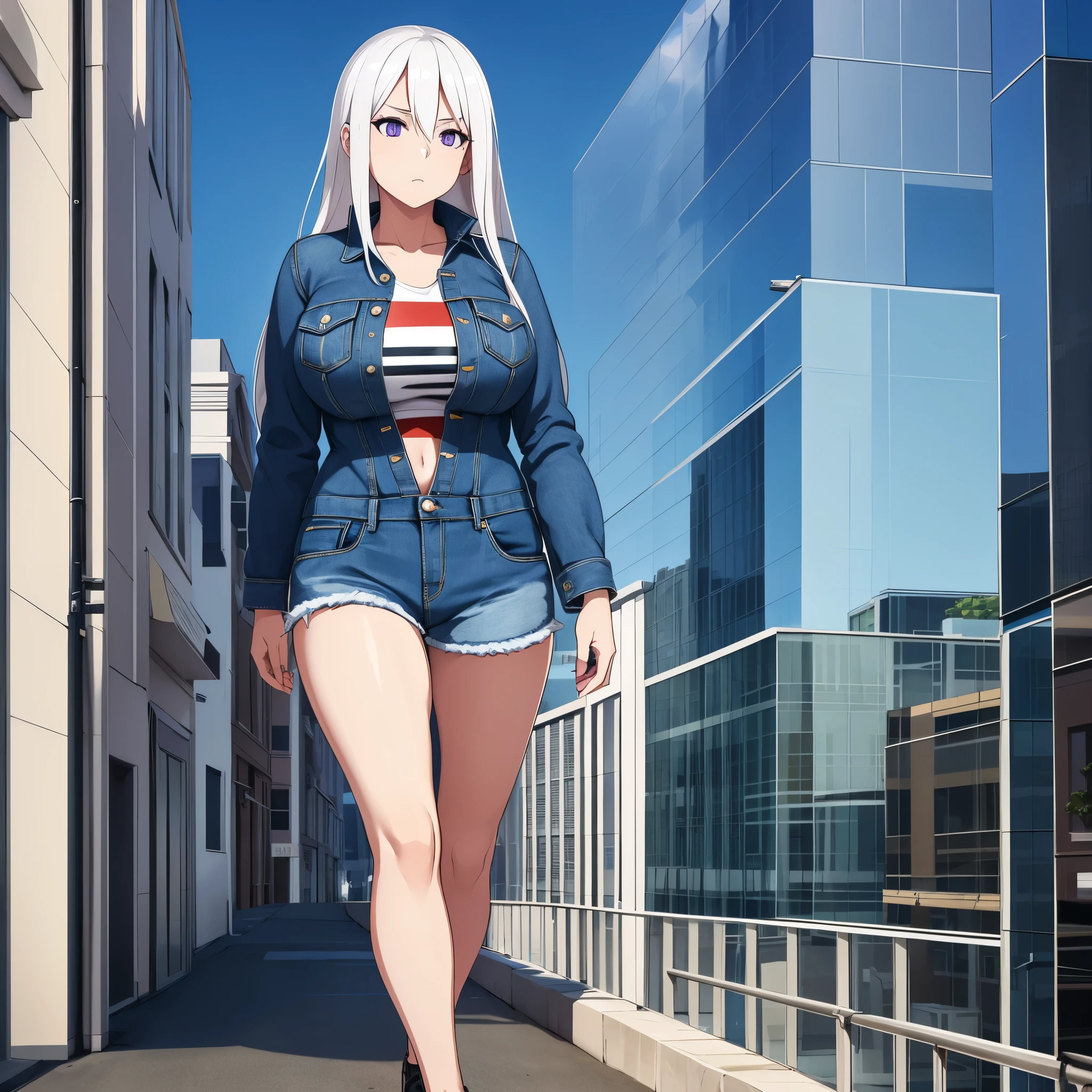 a woman wearing a United States style denim jacket, denim shorts, long white hair, purple eyes, big breasts, walking on a sidewalk a big city with several large buildings, with glass windows reflecting the places,,HDR, masterpiece, well defined, ultra resolution, high quality, 8k HD. (just a woman, solo)
