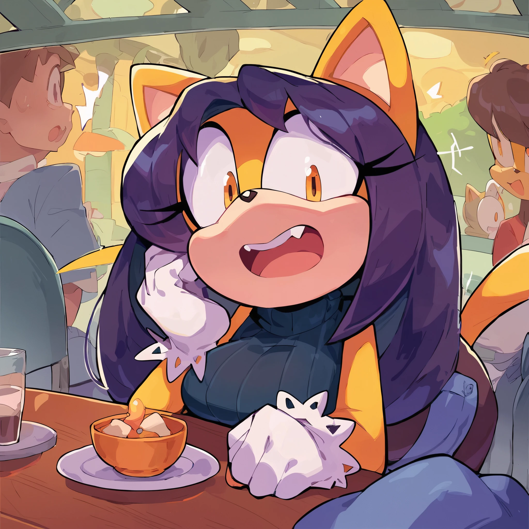 score_9, score_8_up, 2D, flat color, cafe background, looking at viewer, 1girl, very detailed, extremely detailed, honey the cat from the sonic the hedgehog series, portrait, cut off body, above shoulder, shocked expression, puzzled expression, sound lines, open mouth, makeup, hair down, long hair, turtleneck sweater, sitting at table, on a date, large bust, milf