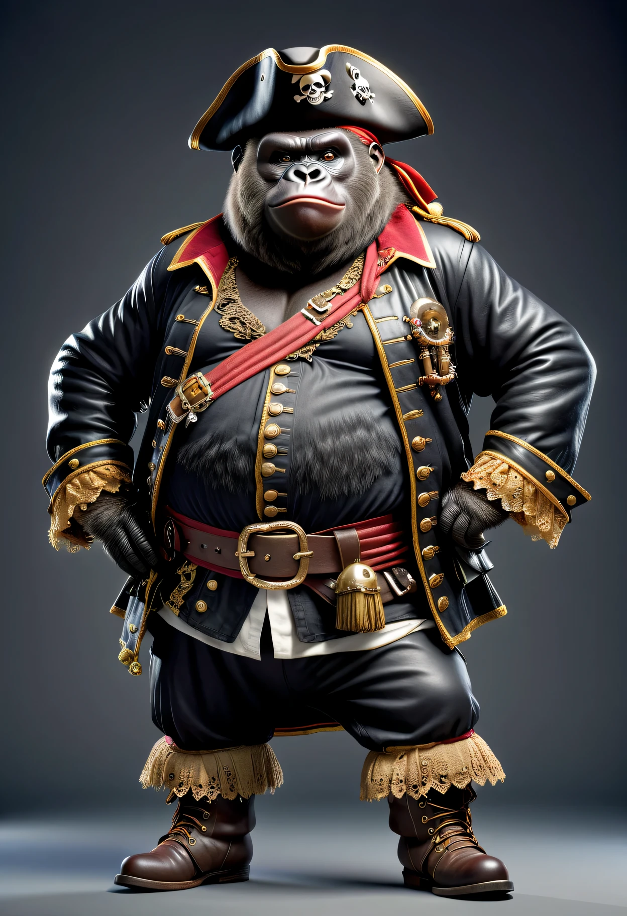 photorealistic portrait of Dressed animals - a ((fat)) gorilla pirate,(hands on hips:1.2),(), high quality,(lovely) ,intricate details, highly detailed (( pirate costume)), wearing pirate hat and boots , highly detailed pirate equipment , (happy), studio lighting,(flurry),(simple background)