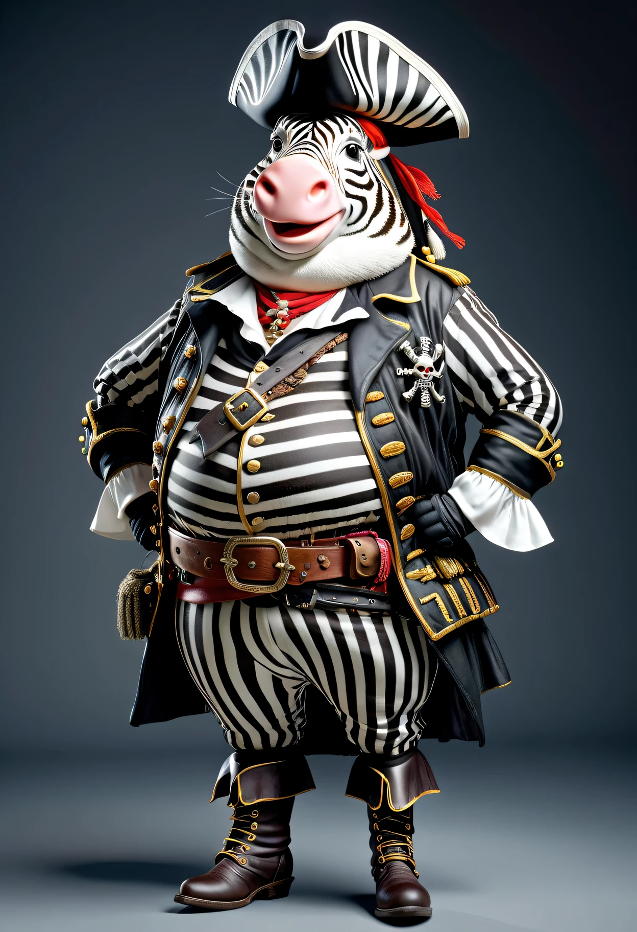 photorealistic portrait of Dressed animals - a ((fat)) zebra pirate,(hands on hips:1.2),(), high quality,(lovely) ,intricate details, highly detailed (( pirate costume)), wearing pirate hat and boots , highly detailed pirate equipment , (happy), studio lighting,(flurry),(simple background)