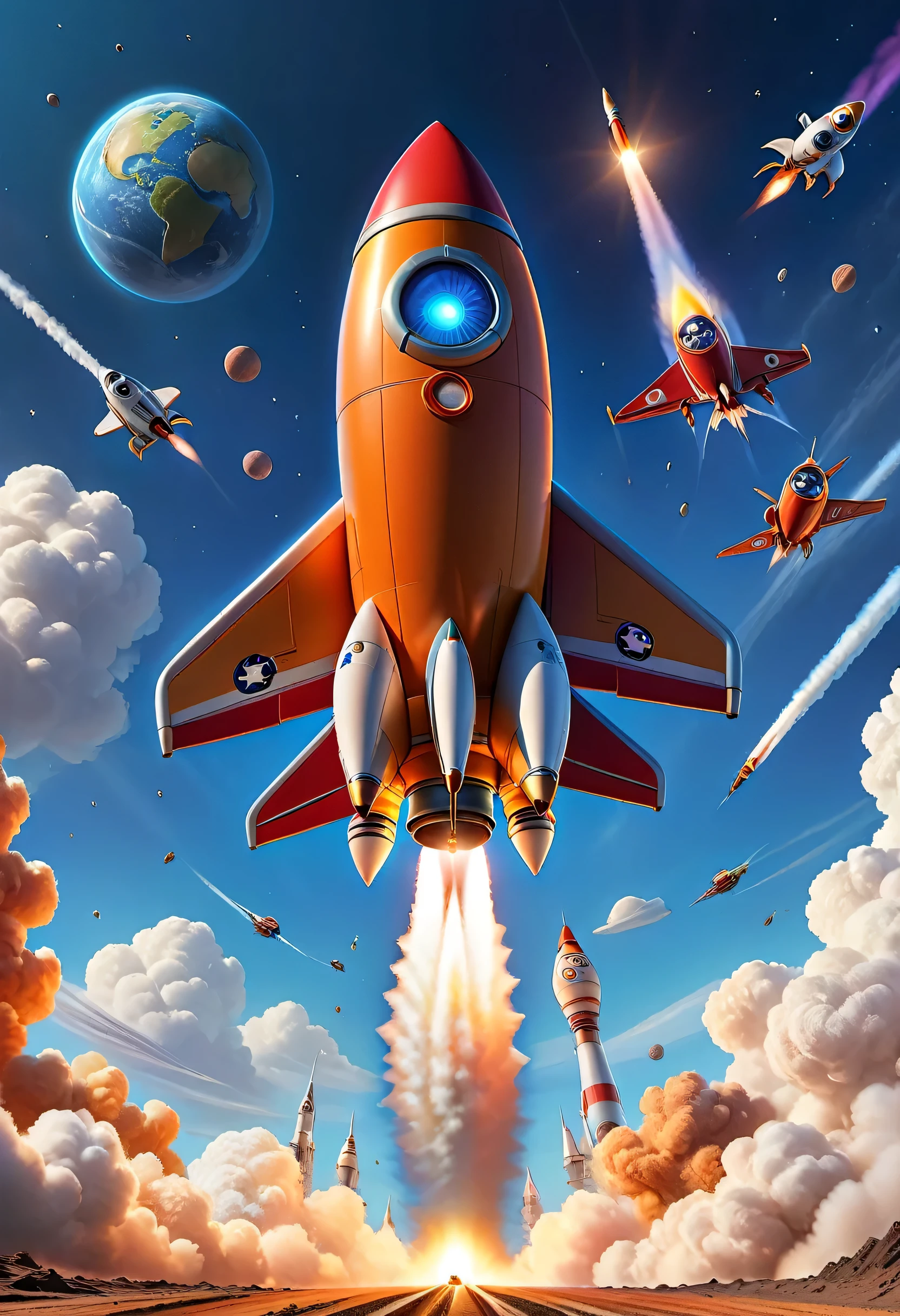 (masterpiece), (best quality), illustration, super detailed, high dynamic range, depth of field, (rich and colorful), ,rocket launching into the sky，cartoon，comics，Pixar