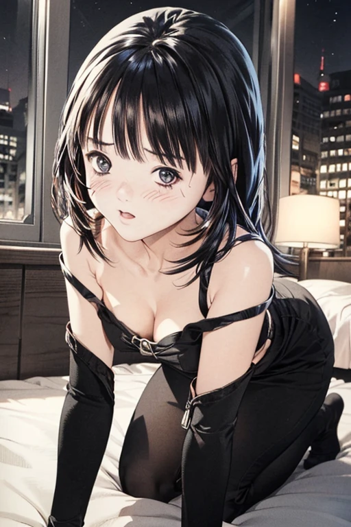 (8K、top-quality、​masterpiece:1.2)、(realisitic、ultra-detailliert、超A high resolution、1 girl and 1boy are kissing,beautifull detailed face,(all fours on bed),at night ,layered hair,long black hair,full-face blush、Constriction、(Slim waist) :1.3)、cleavage、Beautiful detailed skin、Skin Texture、Floating hair、Professional Lighting、in my bedroom,(Whole human body:1.0),long shot,A Line dress,off shoulder,winking,wearing any colar