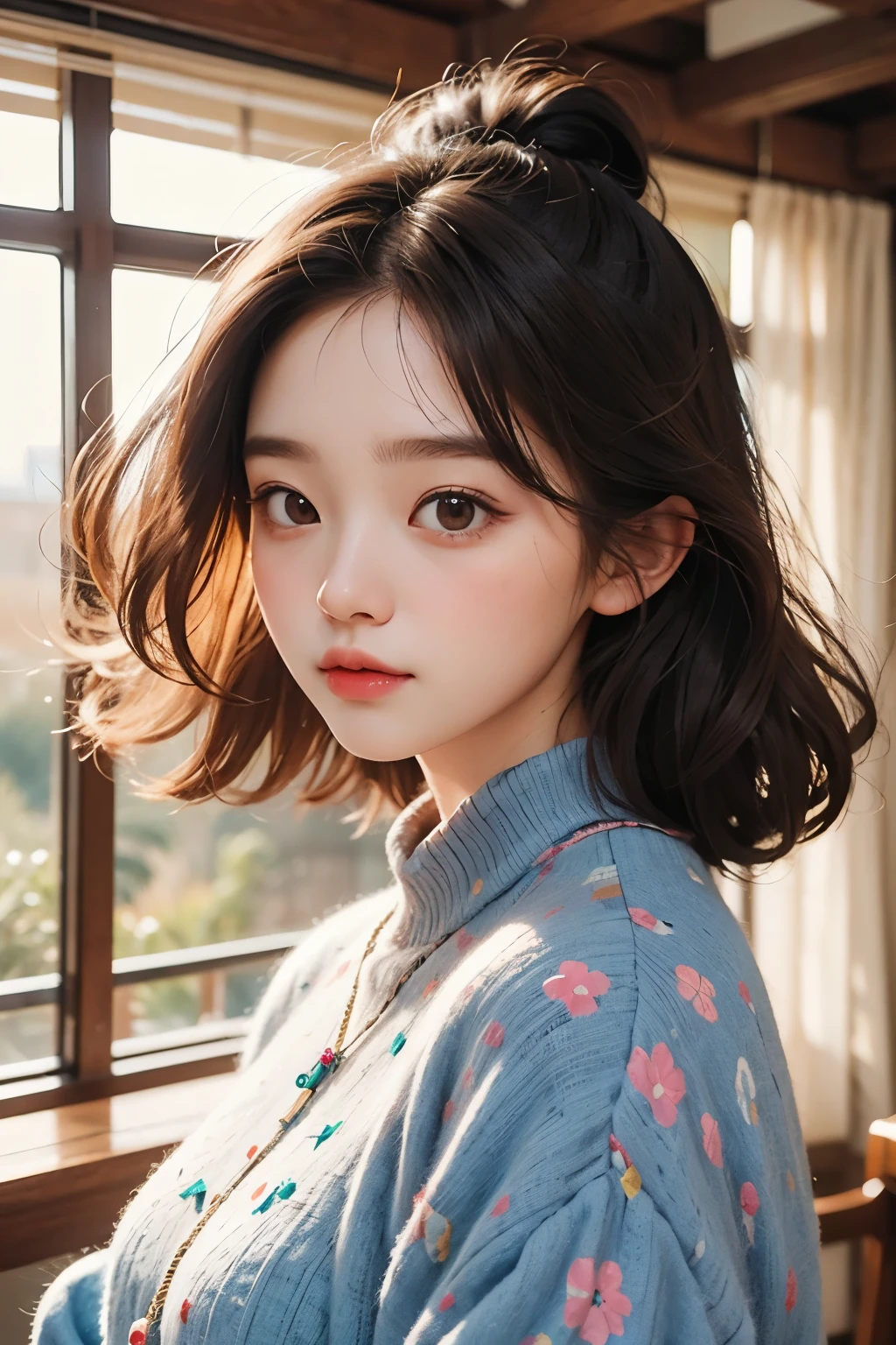 masterpiece, best quality, 8 thousand, 24 years old, photo beast, absurd, award-winning portraits, pure, korean beauty, spring, A colorful and stylish room, laces, cute, right, healthy, Beloved, perfect hands, Innocent Girl, fluttering hair, Random Actions, 무작위 clothes, (clothes:random multi color), Popular hairstyles in Korea