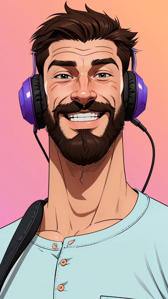 Man with beard cartoon style digital illustration with happy expression wearing headphones cartoon style
