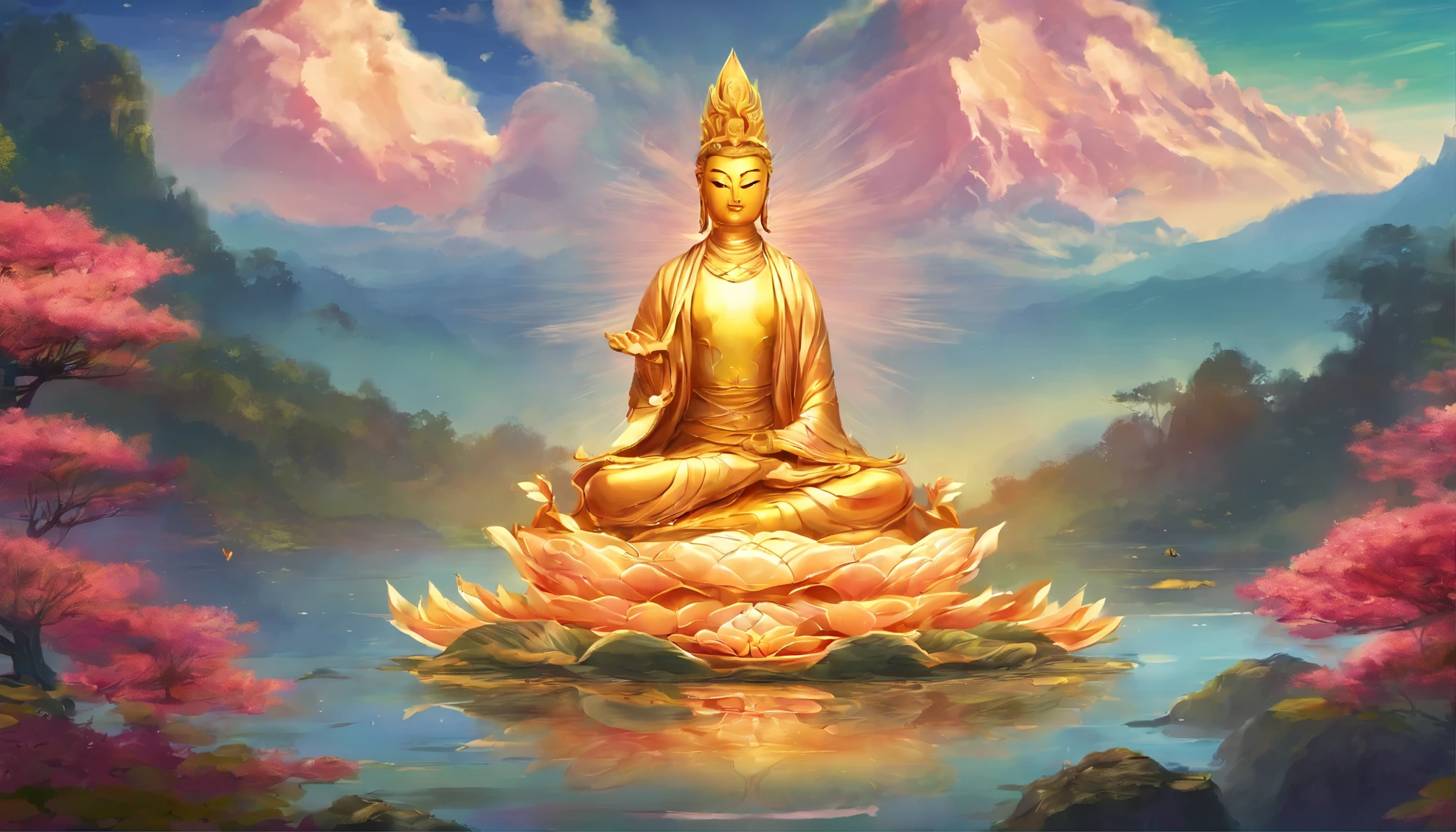 Golden Avalokitesvara Bodhisattva,colorful light,sacred light,colorful clouds,from the lotus,water,Chinese wind,auspicious clouds,lotus leaves,halo,mountains,trees,