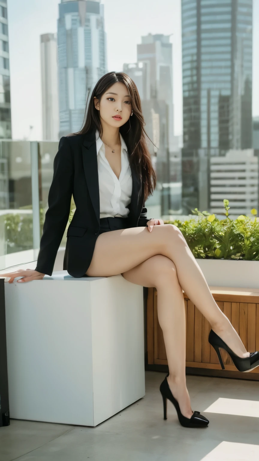 japanese woman、black long hair、beautiful face、double eyelid、black suit、black shorts、beautiful feet、long legs、、barefoot、thighs、expensive、Black stiletto heels del pose、cross your legs、sit on a chair