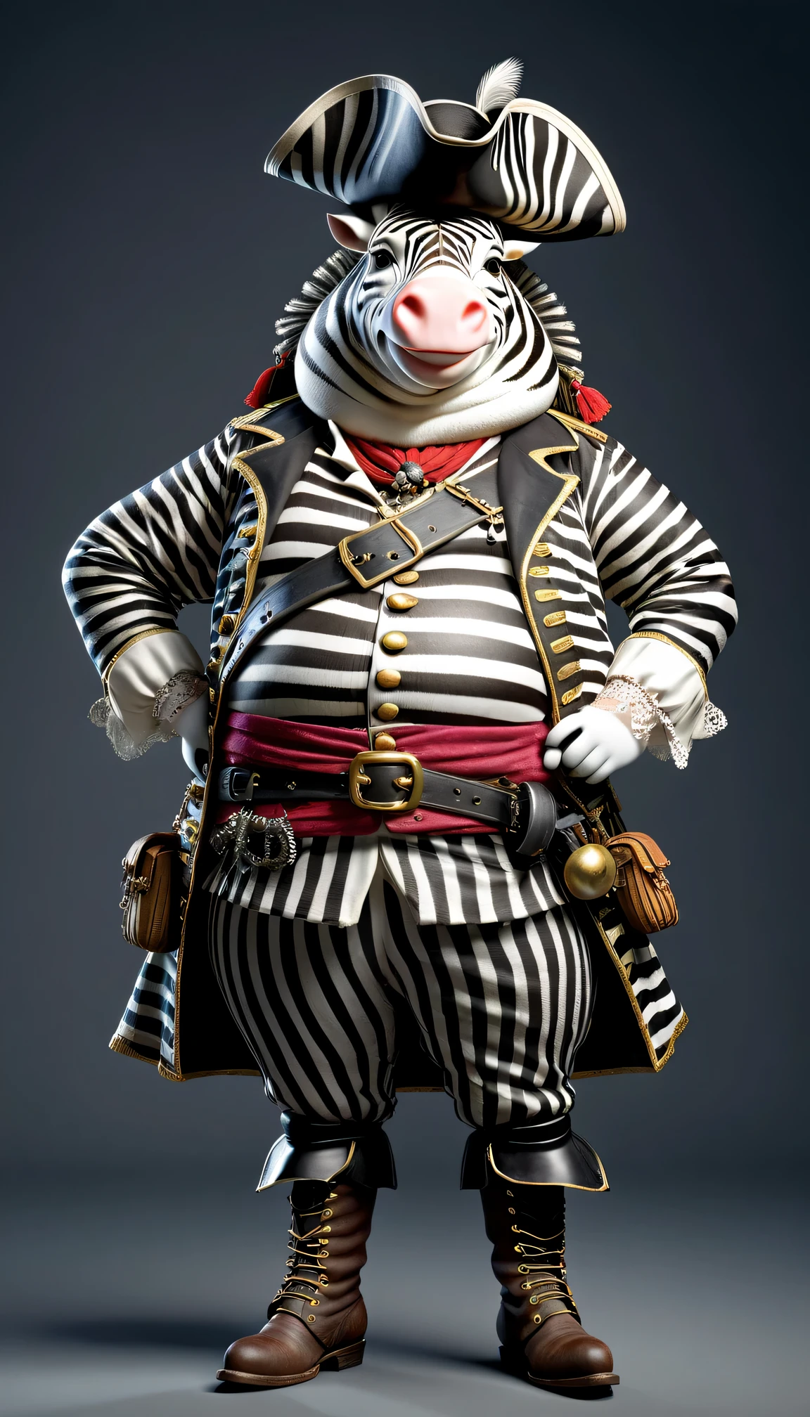 photorealistic portrait of Dressed animals - a ((fat)) zebra pirate,(hands on hips:1.2),(), high quality,(lovely) ,intricate details, highly detailed (( pirate costume)), wearing pirate hat and boots , highly detailed pirate equipment , (happy), studio lighting,(flurry),(simple background)