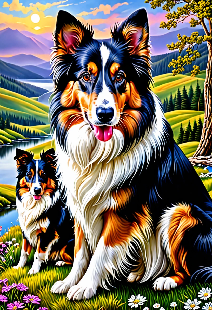 (obra maestra, calidad superior, Mejor calidad, arte oficial, hermoso y estetico:1.2), perra collie con sus 3 cachorros, extremadamente detallado,(fractal art:1.3),vistoso,more detailed