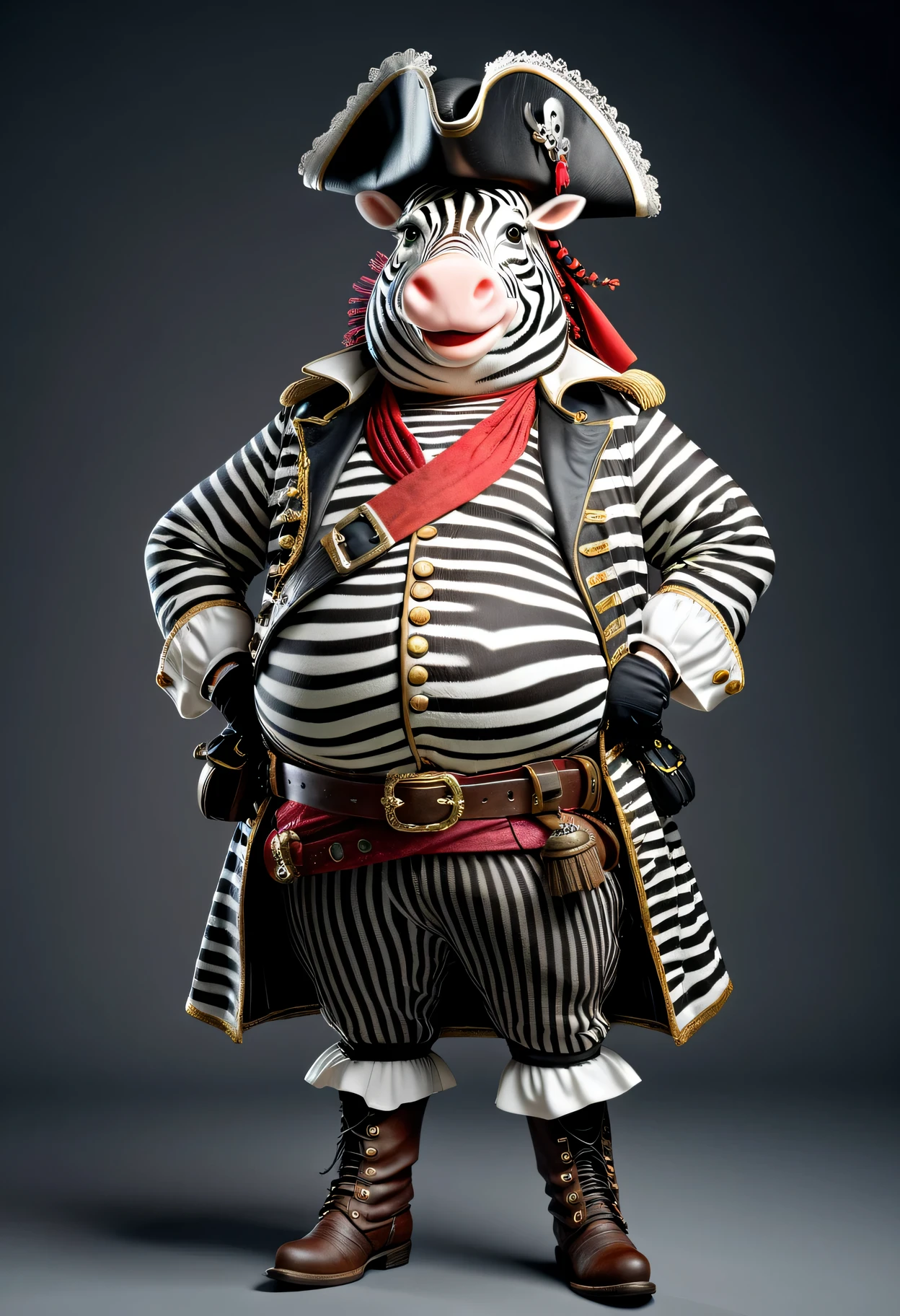 photorealistic portrait of Dressed animals - a ((fat)) zebra pirate,(hands on hips:1.2),(), high quality,(lovely) ,intricate details, highly detailed (( pirate costume)), wearing pirate hat and boots , highly detailed pirate equipment , (happy), studio lighting,(flurry),(simple background)
