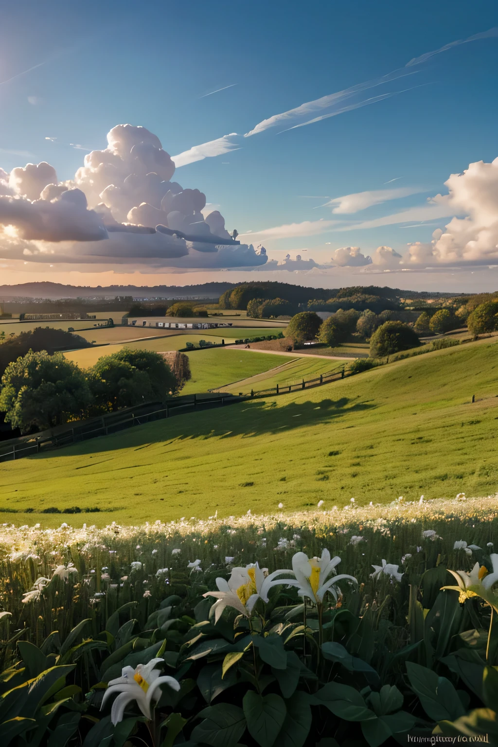 white lilies over a field, blue sky with clouds, beautiful natural landscape, highly detailed digital art in 4k, digital painting in 8k resolution, digital painting in 8k resolution, detailed digital art in 4k