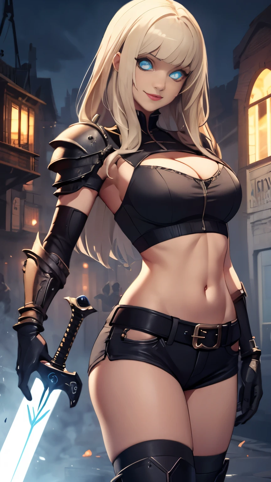 (Highly quality, masterpiece, detailed), undead city detailed scenario, undead city detailed background, 1girl, Magik, midriff, thigh highs, gloves, short shorts, cleavage, soul sword, evil smile, armored left arm, glowing blue eyes, navel, perfect face, beautiful eyes, look at the viewer, Sexy pose