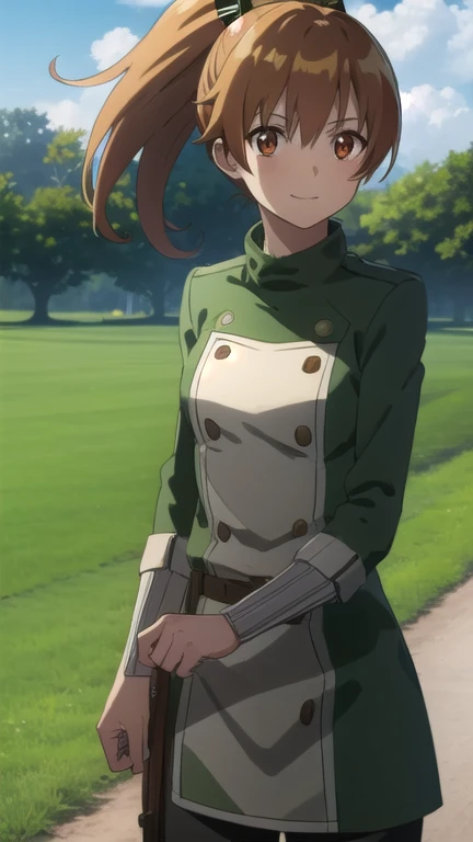 seryuuubiquitous, seryuu ubiquitous, brown hair, (brown eyes:1.3), uniform, gauntlets, green uniform, military uniform, long sleeves, ponytail, long hair, smile,
BREAK ,
BREAK outdoors, nature, forest, trees, grass, sky, clouds,
BREAK looking at viewer, (cowboy shot:1.5),
BREAK (masterpiece:1.2), best quality, high resolution, unity 8k wallpaper, (illustration:0.8), (beautiful detailed eyes:1.6), extremely detailed face, perfect lighting, extremely detailed CG, (perfect hands, perfect anatomy),