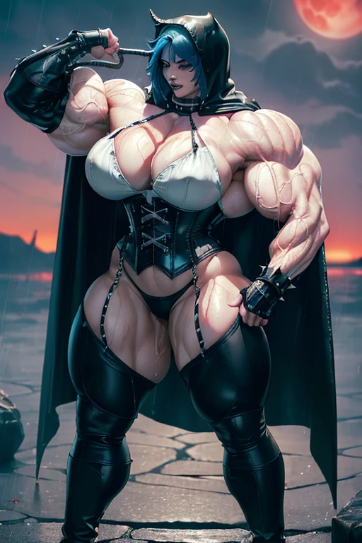 (((((Massive, tall, beautiful, buff, wet, pale white skinned muscular woman with royal blue hair, black lipstick, ginormous bulky muscles, wearing a black leather corset with tight pants and hooded cape))))), (red background), close view, ((massive muscles)), massive biceps, hyper muscle shoulders, hyper muscle triceps, (long curly wavy hair), glowing white eyes, choker, (chain belt), black spiked boots, (spiked gauntlets), (fingerless gloves), (in a raining dark island), confident smirk, night, red moon, (red skies), hyper vascular arm, hyper muscles arms, hyper muscle legs, (ginormous arms).