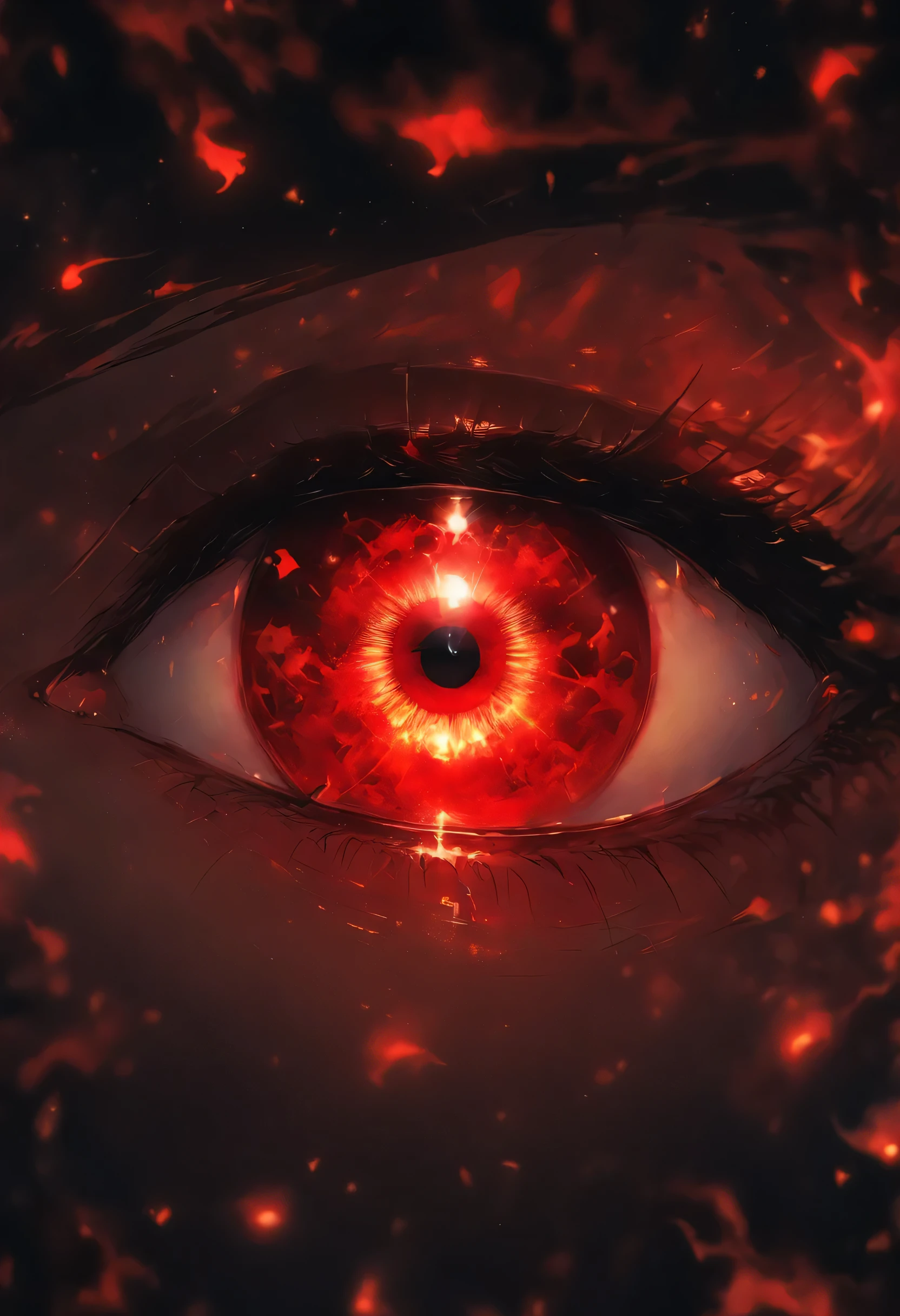 (eye of the devil), hell, +_+, ornamented eye, starry eye, red eye, horror, unsettling, (film grain), bad quality film, cinematic composition