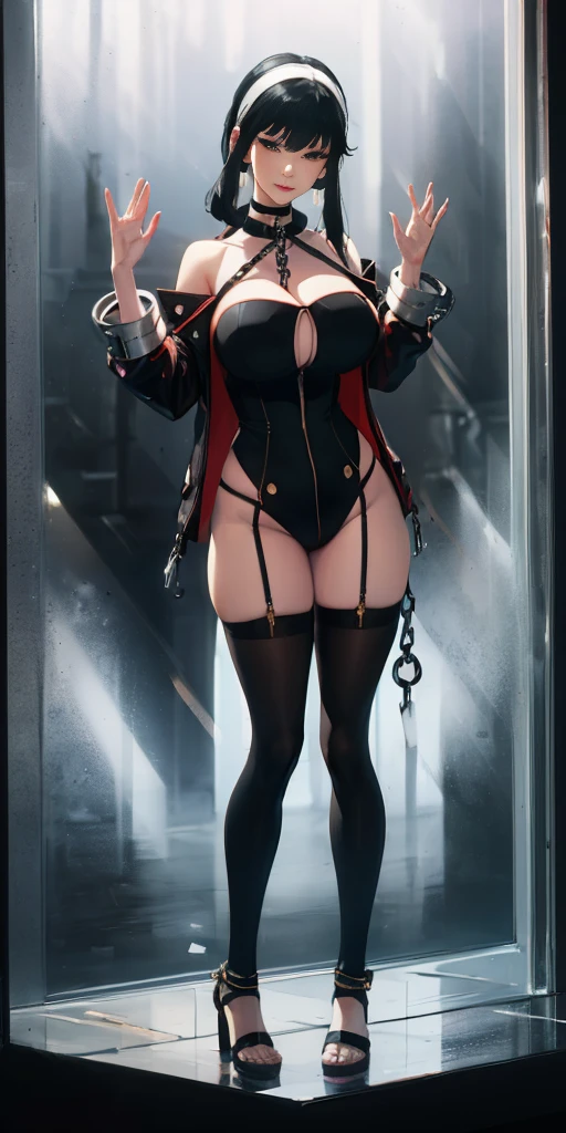 dark fantasy anime illustration of a (mature MILF BIMBO albino skin and short white hair), (FULL BODY) perfect face, wearing tight leather stealth armor, stalking, BIG KNOCKERS CLEAVAGE, lustful smirking smile red blush red cheeks, chain leash, kneeling, shackles, leather black collar slave, ((BLACK background)) hands on glass WITH KNOCKERS on glass, glass window fog water drop, 5 fingers each hand, metal handcuffs, black choker collar, thighhighs, long legs, metal ankle, metal sandals, metal shoulders, standing straight symmetrical against glass