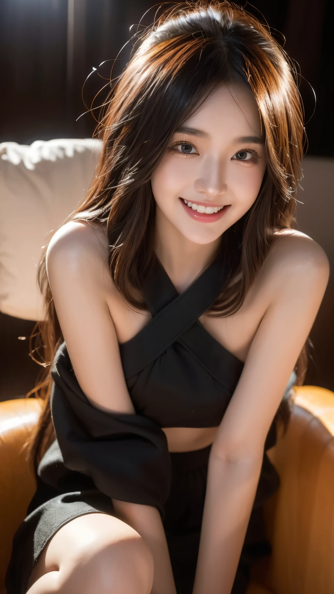 Beautiful 20 years old woman。she is wearing a satin fabric camisole and wearing a choker around the neck 。She looks ecstatic as if she had an orgasm during sex..。her dark brown hair。 High resolution、masterpiece、highest quality、Head w:1.0、((Hasselblad Photos))、fine skin、fine knit、(movie lighting)、clavicle . 