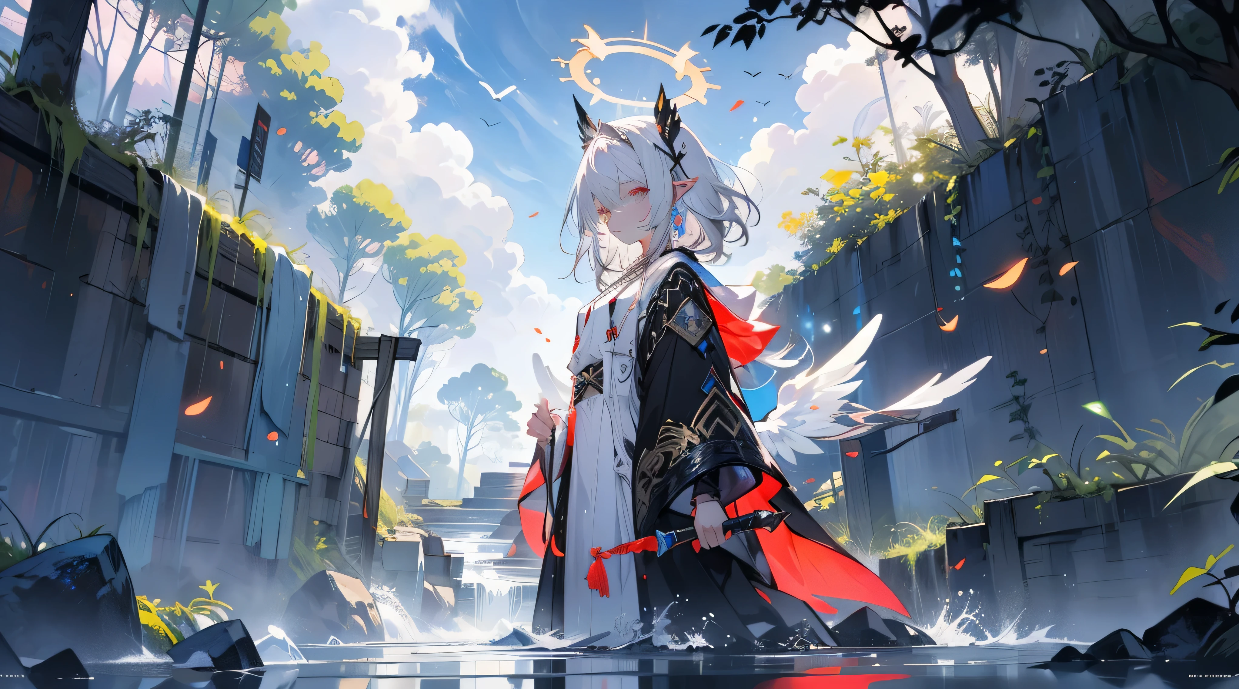 (((tmasterpiece))), (((Best quality)))), offcial art, Extremely detailed CG unity 8k wallpaper, ((sketching))), natta, Sateen, beautiful detailed sky, Beautiful and delicate water, GameCG, hugefilesize, sketching, solo, girl,Angelic, Long gray hair, White hair, Wet hair, hair between eye, Hair behind the ears, Carefree eyes with white eyelashes, yellow-eyed, half closed eye, footwear, The halo, cross necklace, looking-down,blown hair, Feather ornament, leaf hair accessories, at a forest, lakeside, ((flatchest))), (((Black robe))), long sleeve dynamo, white blindfold, elvish ears, (((Golden wings are more yellow,Phoenix Wings,Divine light