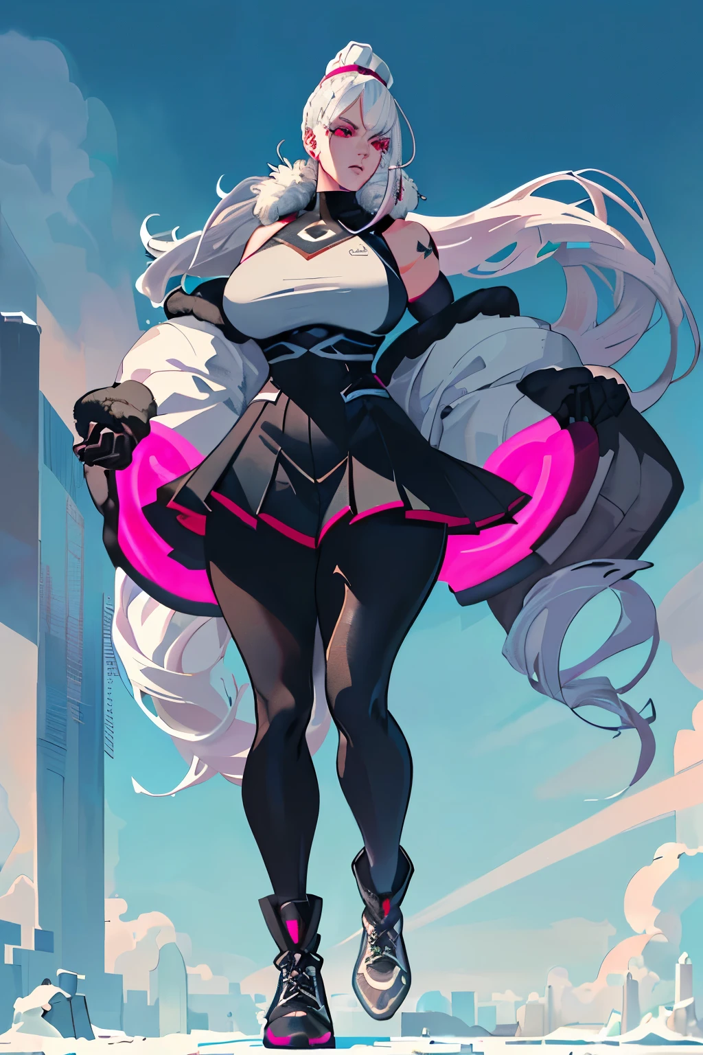 (art, best quality, ultra-detailed, high contrast), 1 woman (Alone, full body, plus size body, standing on the edge of a towering skyscraper, silver hair cascading down her back in a long ponytail, broken ruby red eyes glistening with unshed tears, a pleated skirt billowing in the wind, leggings that cling to her curves, a sports top revealing her toned arms, high boots tall enough to kiss the clouds, a long fur jacket against the cold, and black cybernetics with neon pink accents, her face a masterpiece of intricacy with every line and wrinkle skillfully rendered, her detailed lips cur