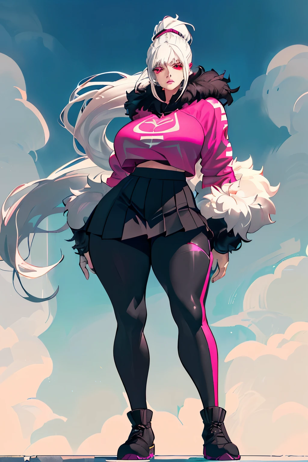 (art, best quality, ultra-detailed, high contrast), 1 woman (Alone, full body, plus size body, standing on the edge of a towering skyscraper, silver hair cascading down her back in a long ponytail, broken ruby red eyes glistening with unshed tears, a pleated skirt billowing in the wind, leggings that cling to her curves, a sports top revealing her toned arms, high boots tall enough to kiss the clouds, a long fur jacket against the cold, and black cybernetics with neon pink accents, her face a masterpiece of intricacy with every line and wrinkle skillfully rendered, her detailed lips cur
