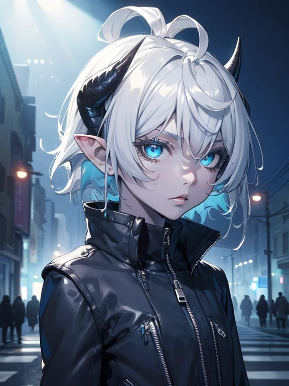 (Masterpiece, Best quality, ultra high resolution),1girl,short hair,(colored skin,ref skin),pointy ears,oni horns,beautiful and detailed face, detailed eyes,rock fashion,jacket, open jacket, black shirt,in the street,night,((grey and blue theme))